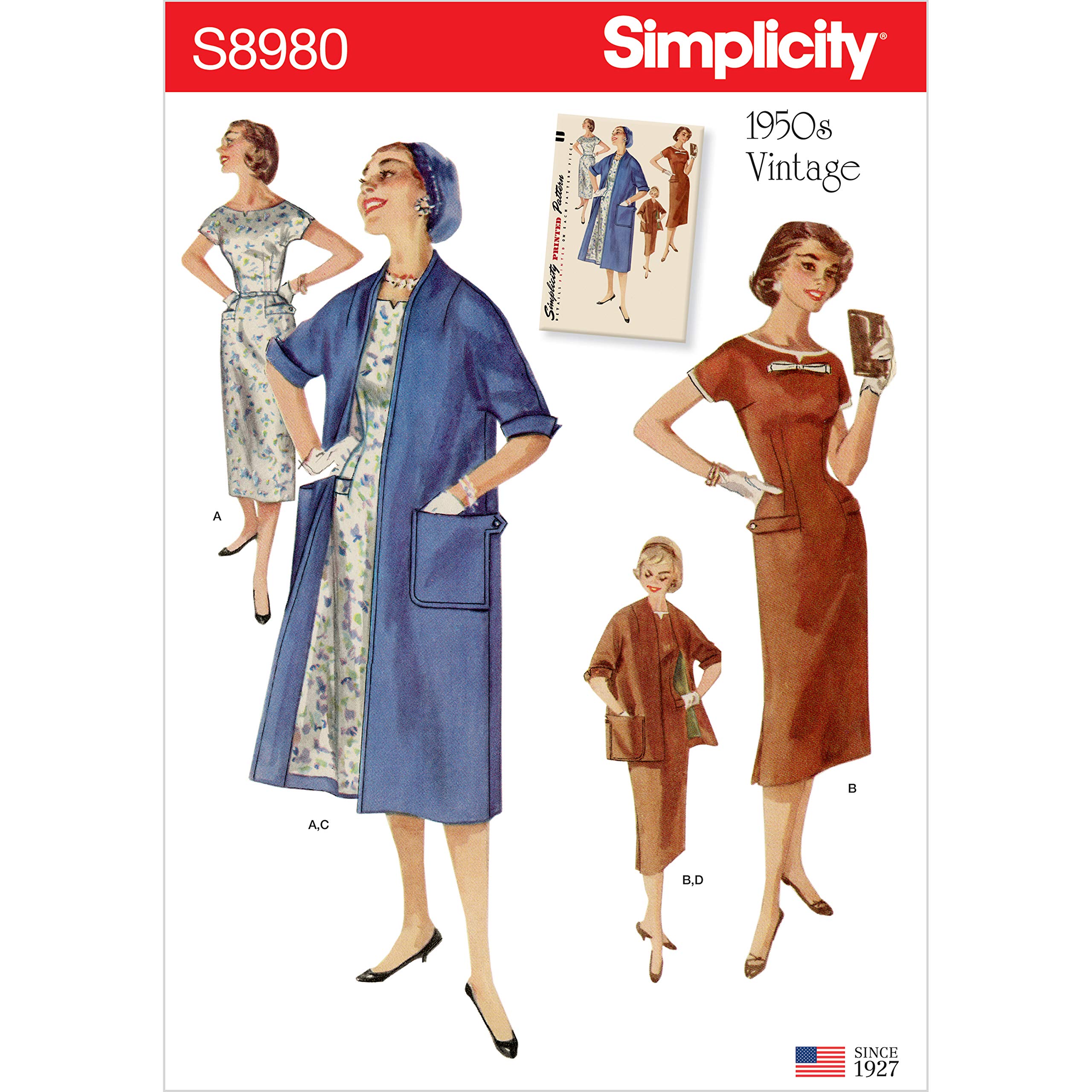 SIMPLICITY Sewing Pattern S8980 Misses' Vintage Dresses and Lined Coats, Paper, White, Various