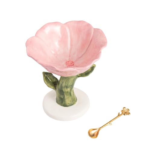 Mud Pie Stoneware Pink Flower Pedestal Bowl and Spoon Set