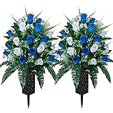 LVXINLI 2 Sets Artificial Cemetery Flowers,Outdoor Grave Decorations Roses,Beautiful Arrangements Bouquet with Cemetery Vase,Lasting and Non-Bleed Colors (White+Dark Blue)