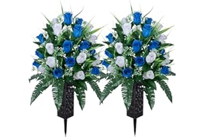LVXINLI 2 Sets Artificial Cemetery Flowers,Outdoor Grave Decorations Roses,Beautiful Arrangements Bouquet with Cemetery Vase,Lasting and Non-Bleed Colors (White+Dark Blue)