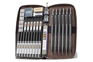 STAGEEK 30Pcs Black Metal Mechanical Pencil Set with Leather Case, 6PCS Art Drafting Pencils 0.5, 0.7, 0.9, 2.0MM Mechanical 