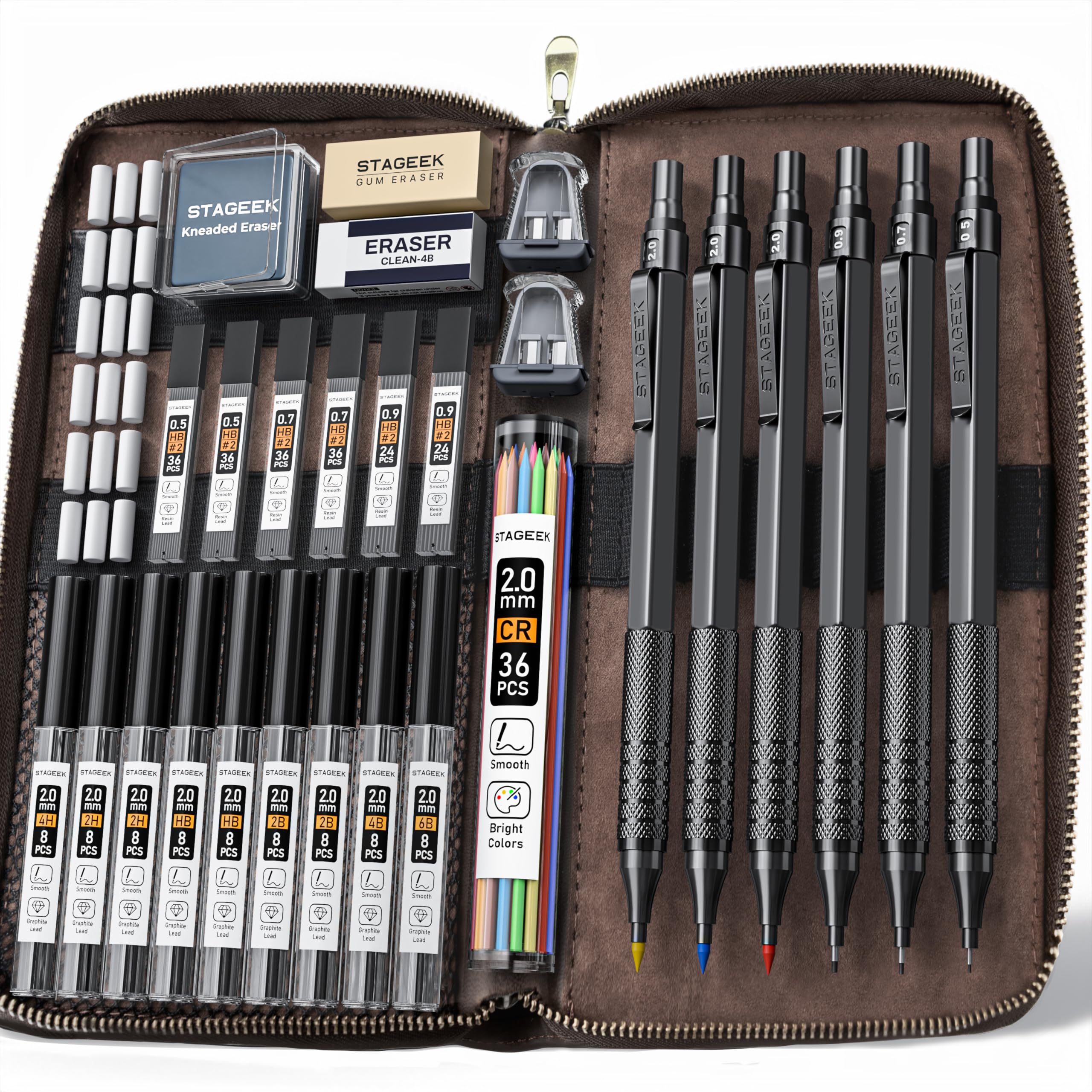 Photo 1 of 30PCS Black Metal Mechanical Pencil Set in Leather Case, 0.5/0.7/0.9/2.0mm Art Drafting Pencils with 16 Tubes Graphite Leads (6B 4B 2B HB 2H 4H) & Colored Refills for Sketching, Drawing, Writing