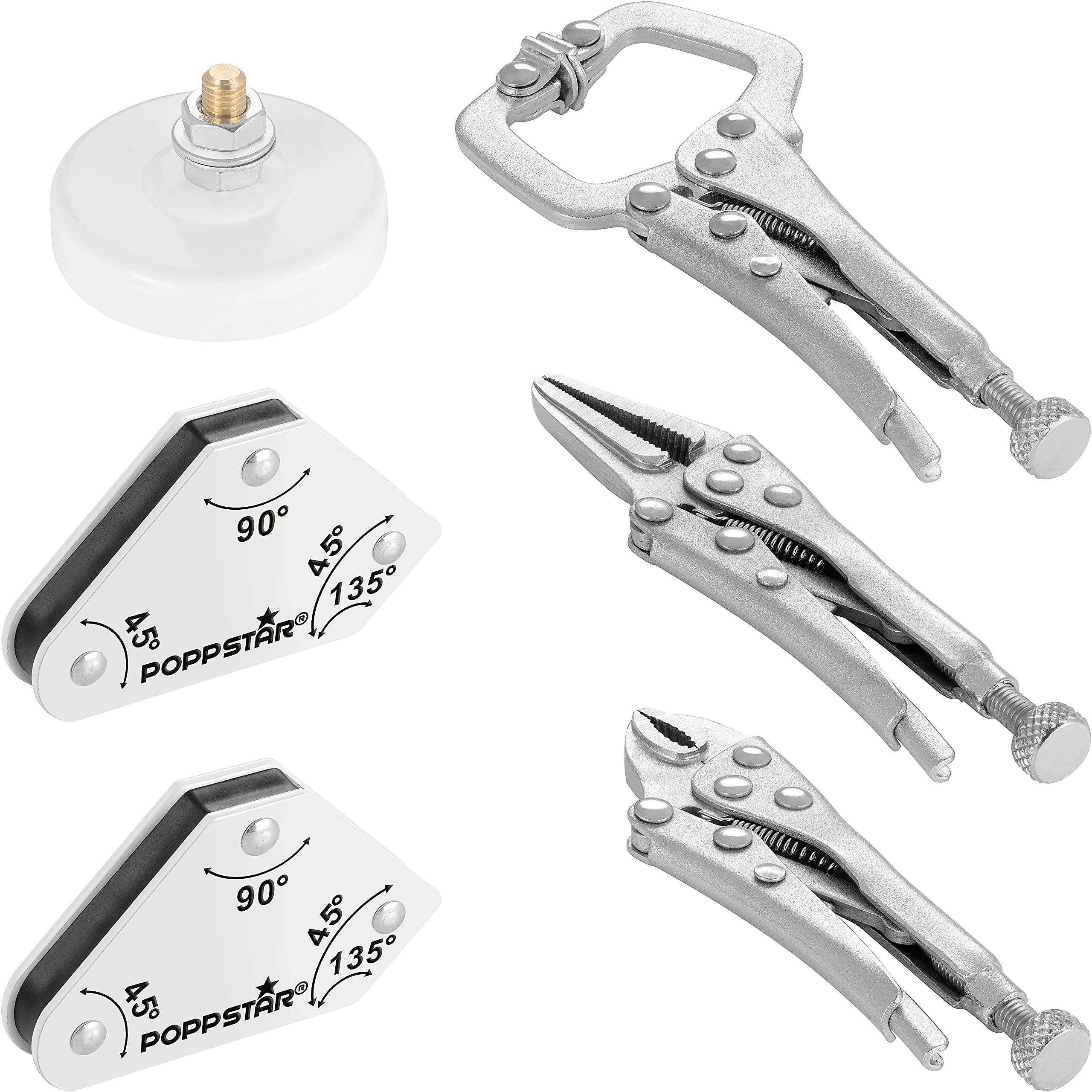 Poppstar 2X Mini Magnetic Welding Angles (45° 90° 135°), Welding Accessory Set: 1x Magnetic Earth clamp, C-clamp, Grip plier, Long Nose plier