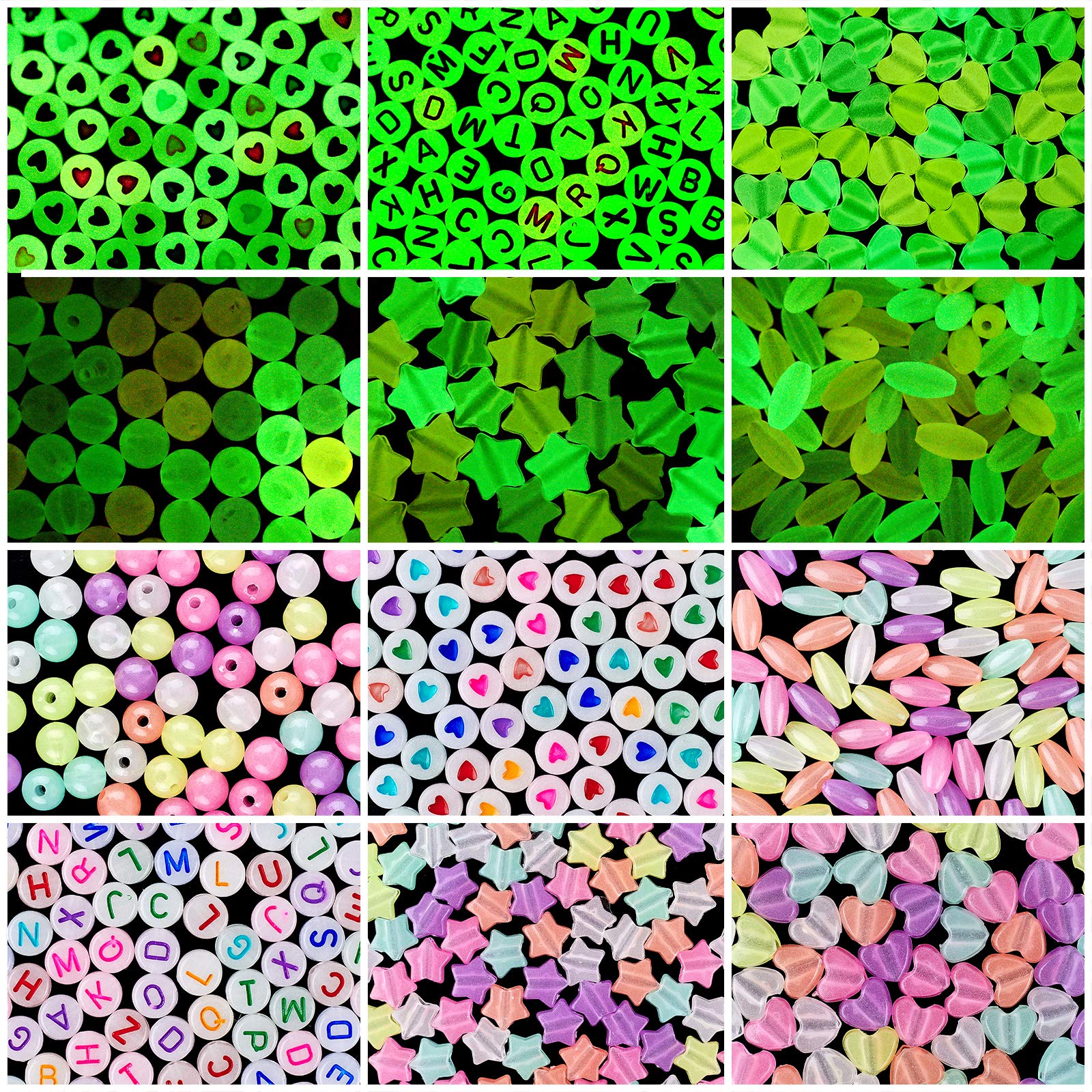 NBEADS About 600 Pcs Luminous Acrylic Beads, Glow in The Dark 6 Styles Assorted Colorful Acrylic Loose Beads for Jewelry Making