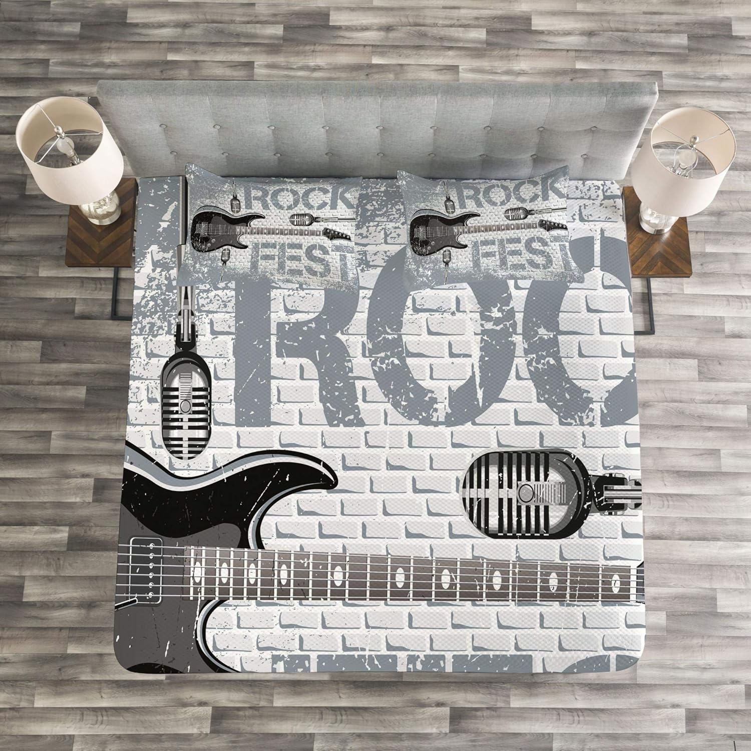 ABAKUHAUS Rock Music Bedspread Set, Guitar on Brick Wall, Decorative Quilted 3 Piece Coverlet Set including 2 Pillow Shams, Grey Black - Image 4