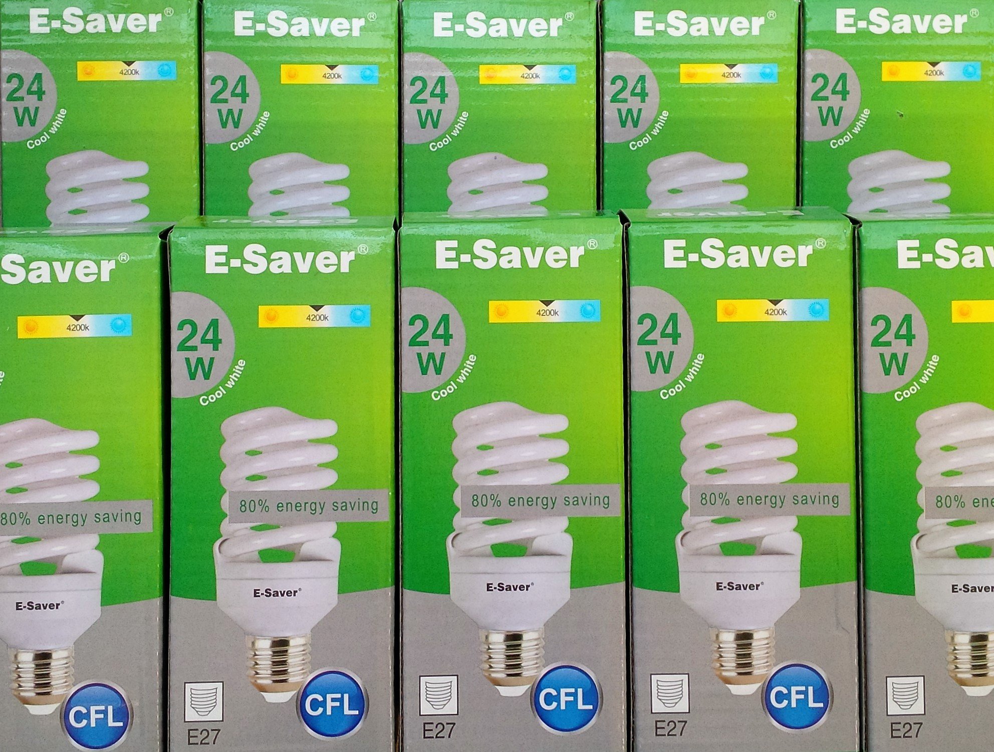 E-Saver - CFL Full Spiral - Energy Saving Light Bulbs -24w = 120 Watt - (Pack of 10) - 4200k Cool White Light Bulbs - Screw in Cap - Screw Edison (ES - E27 Bulb)