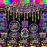 228 Pack Glow Neon Party Supplies Glow in The Dark Party Decorations BlackLight Party Tableware Set - Plates, Black Light Banners, Fluorescent Balloons, Graffiti Tablecloth, Garland, Napkins Serves 20