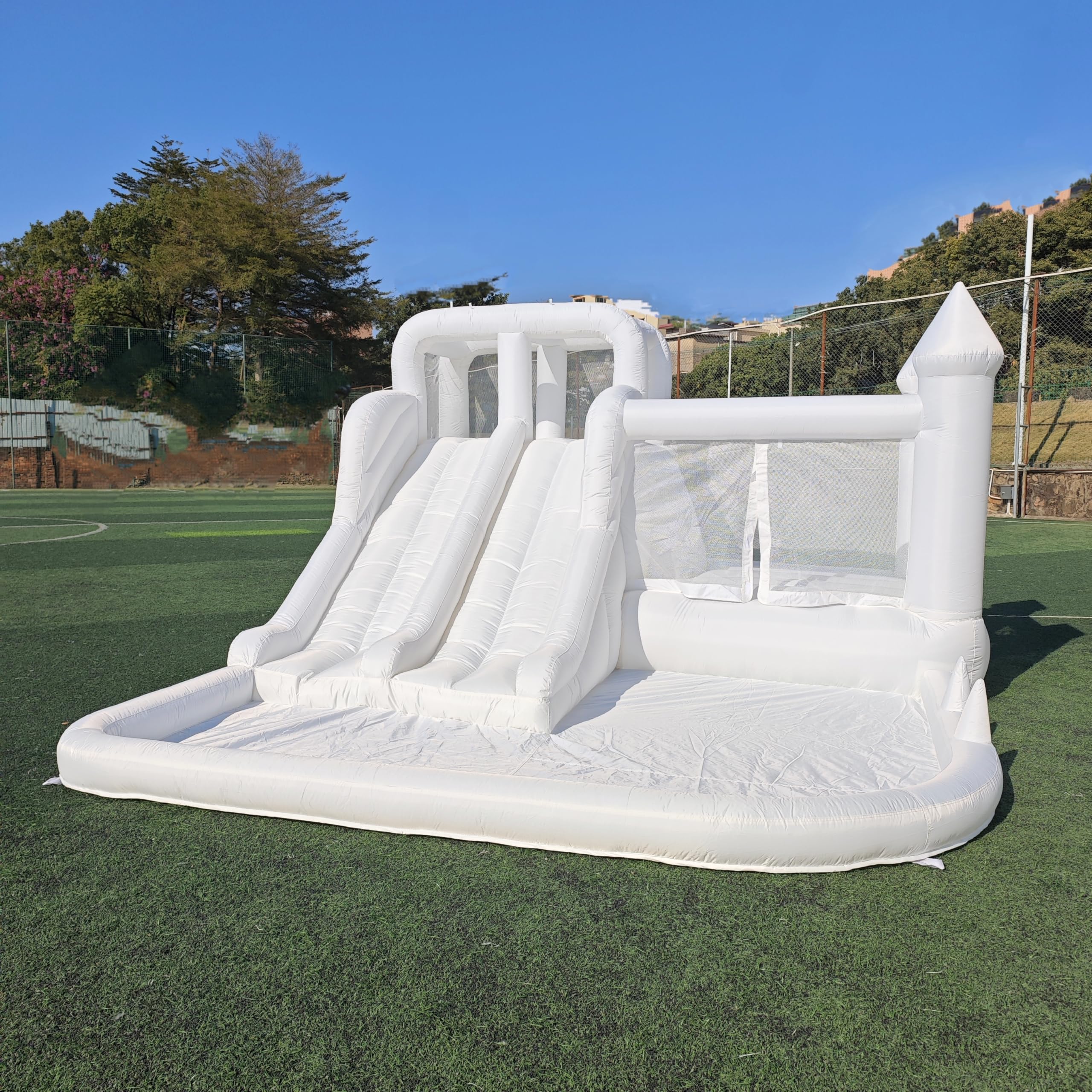 Photo 1 of 12.5 FT Oxford White Bounce House Bouncing Castle with Two Slides Inflatable Bounce House for Kids with Large Ball Pits Suitable Birthday Party Holiday Decorations and Photography