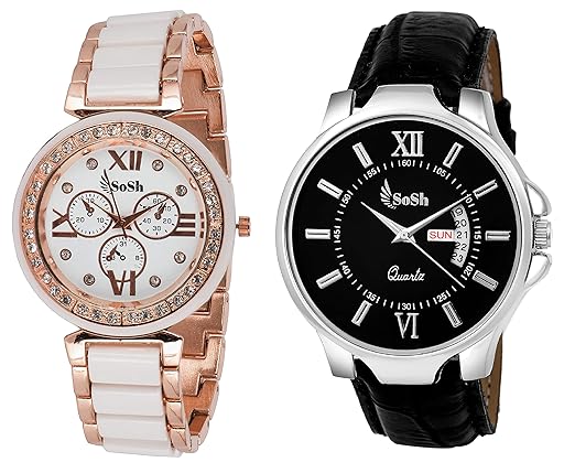 SoSh Analogue Day and Date Black and White Dial Mens & Womens Stylish Fashion Watch, Couple Watch, Pack of 2