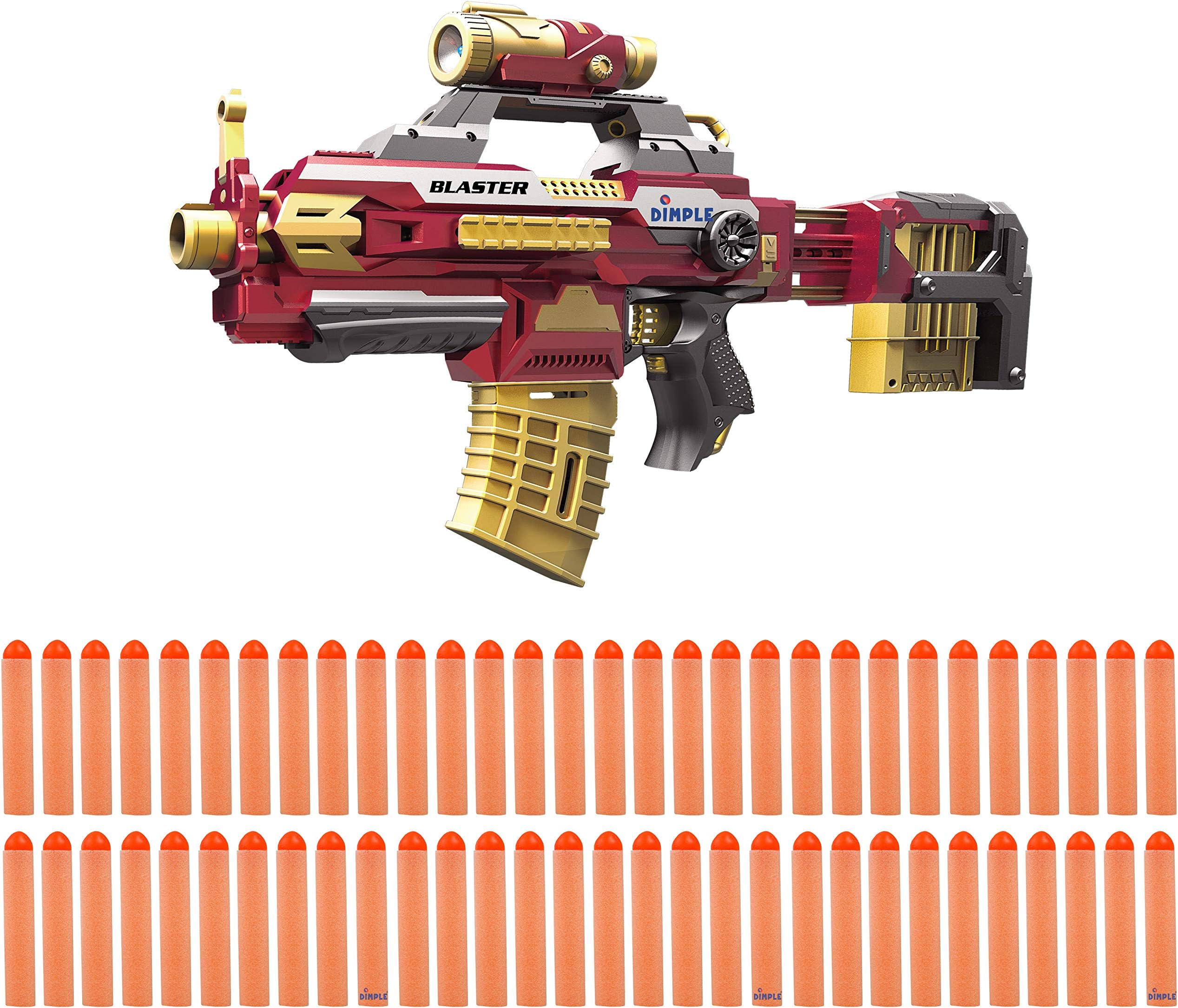 Dimple Foam Dart “Attack Blaster” with Rapid Refill Cartridges, Includes 60 Aerodynamic Soft Foam Darts, 2 Magazine Clips, Clip-OnX 40Mm & Extendable Body (Red)