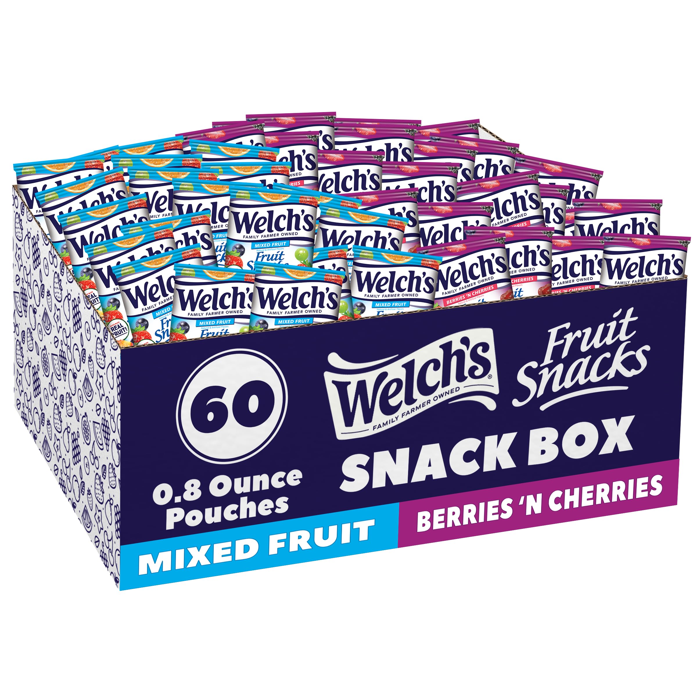 Photo 1 of Welch's Fruit Snacks, Mixed Fruit & Berries 'N Cherries Variety Pack, Great for School Lunches, Bulk Pack, Halloween Treats, Individual Single Serve Bags, 0.8 oz (Pack of 60)