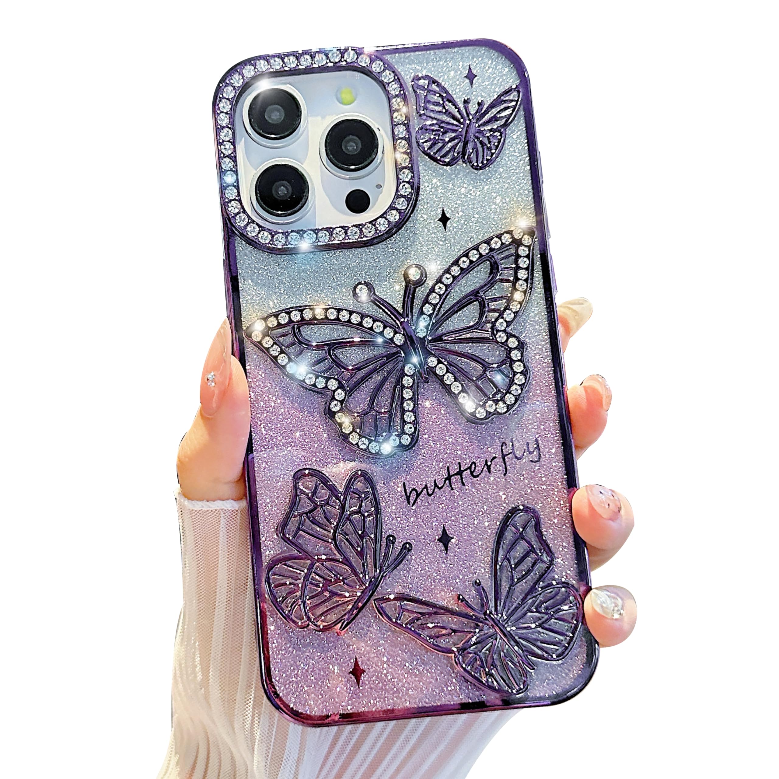 iFiLOVE for iPhone 14 Pro Max Bling Butterfly Case, Cute Luxury Sparkle Glitter Diamond Crystal Rhinestone Protective Case Cover for Girls Women Kids (Purple)