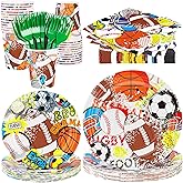 durony 144 Pieces Sports Themed Paper Plates and Napkins Dinnerware Set Sports Birthday Party Tableware Paper Plates Napkins Forks Serve 24 for Rugby Baseball Basketball Soccer Party Supplies