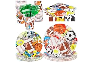 durony 144 Pieces Sports Themed Paper Plates and Napkins Dinnerware Set Sports Birthday Party Tableware Paper Plates Napkins Forks Serve 24 for Rugby Baseball Basketball Soccer Party Supplies