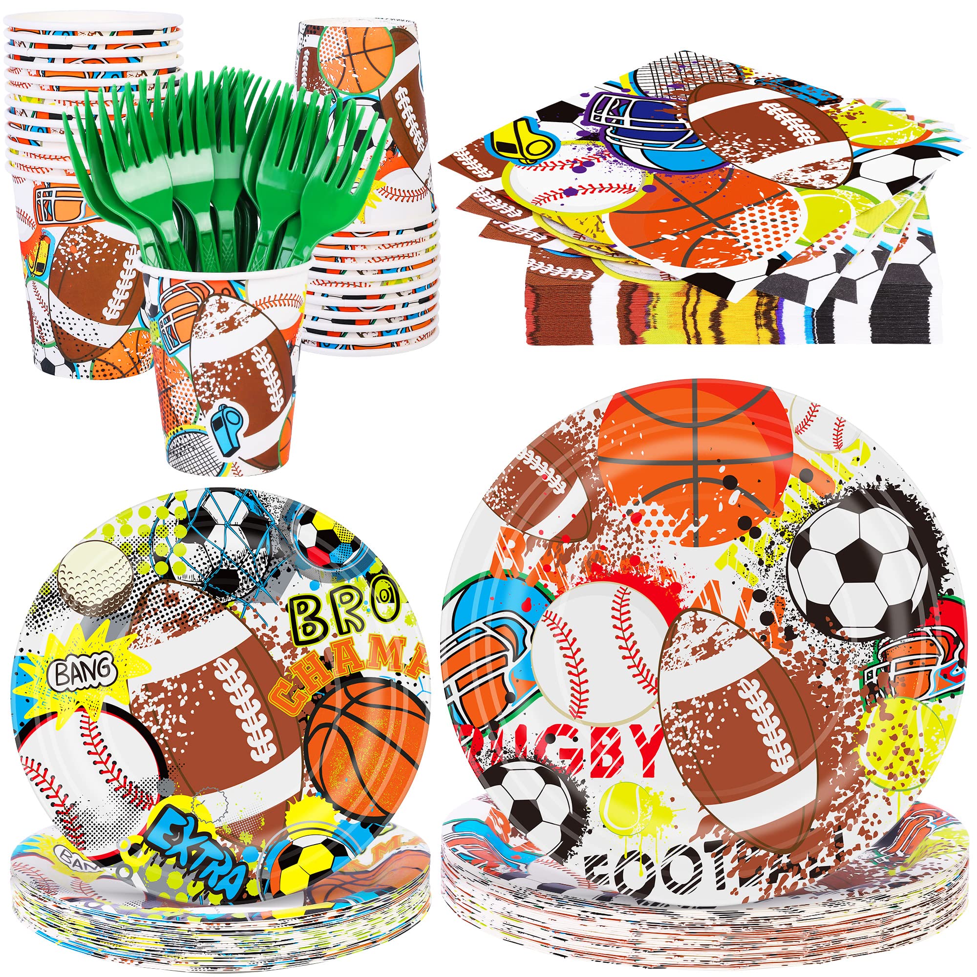 Photo 1 of durony 144 Pieces Sports Themed Paper Plates and Napkins Dinnerware Set Sports Birthday Party Tableware Paper Plates Napkins Forks Serve 24 for Rugby Baseball Basketball Soccer Party Supplies