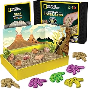 NATIONAL GEOGRAPHIC Fossil Play Sand - 2 lb of Play Sand, 4 Large Molds, 6 Real Fossils, A Kinetic Sensory Sand Activity Kit for Boys & Girls