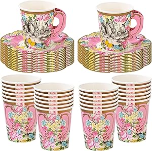 Talking Tables Truly Alice Alice in Wonderland Mad Hatter Party Cup Set with Handle and Saucers in 3 Designs for a Tea Party or Birthday (2 Pack)