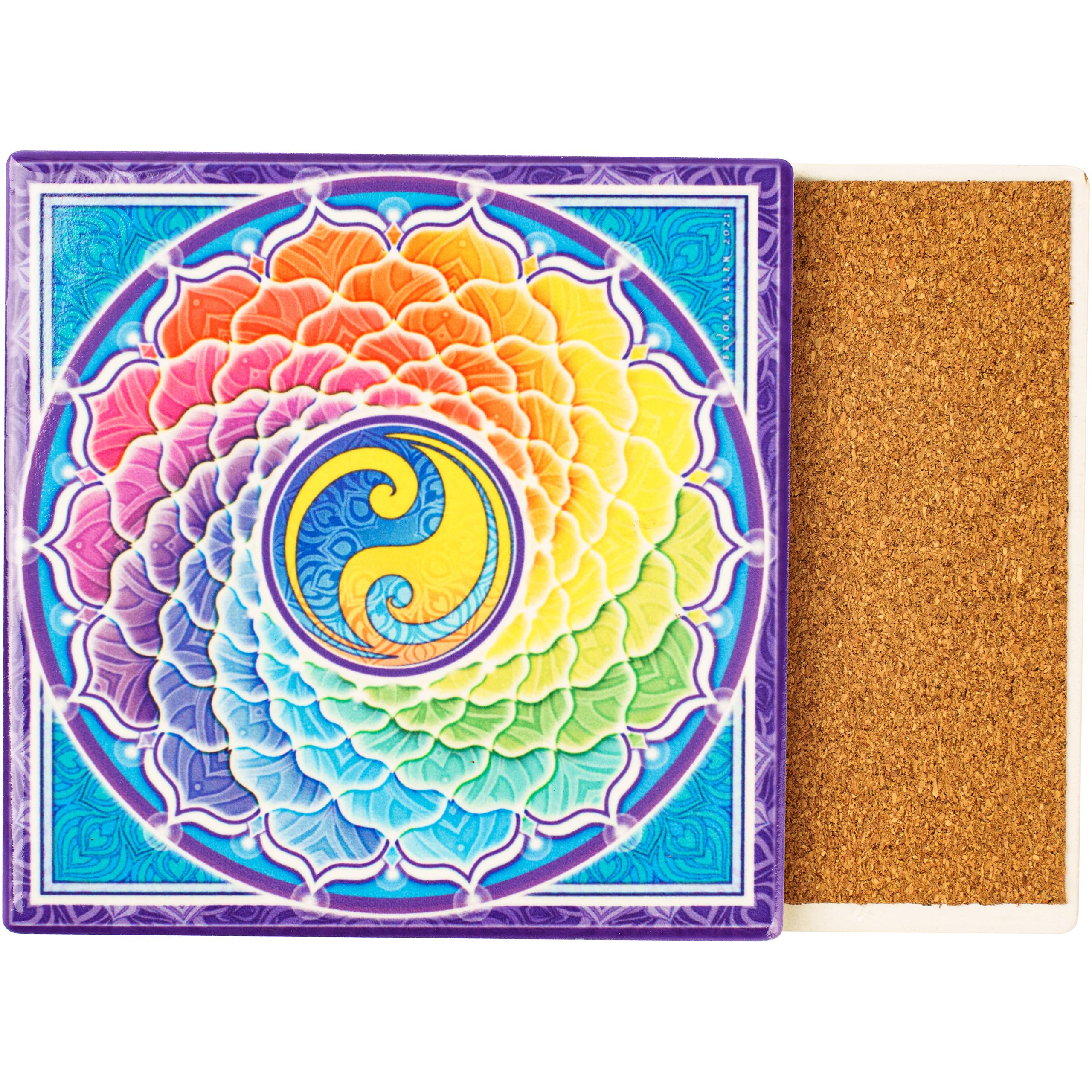 Photo 1 of Ceramic Coasters with Mandala Designs with Cork Backing for Hot & Cold Beverages Protects Surfaces from Water Rings & Heat Marks Mind Body & Soul by Mandala Arts Rainbow Spiral
