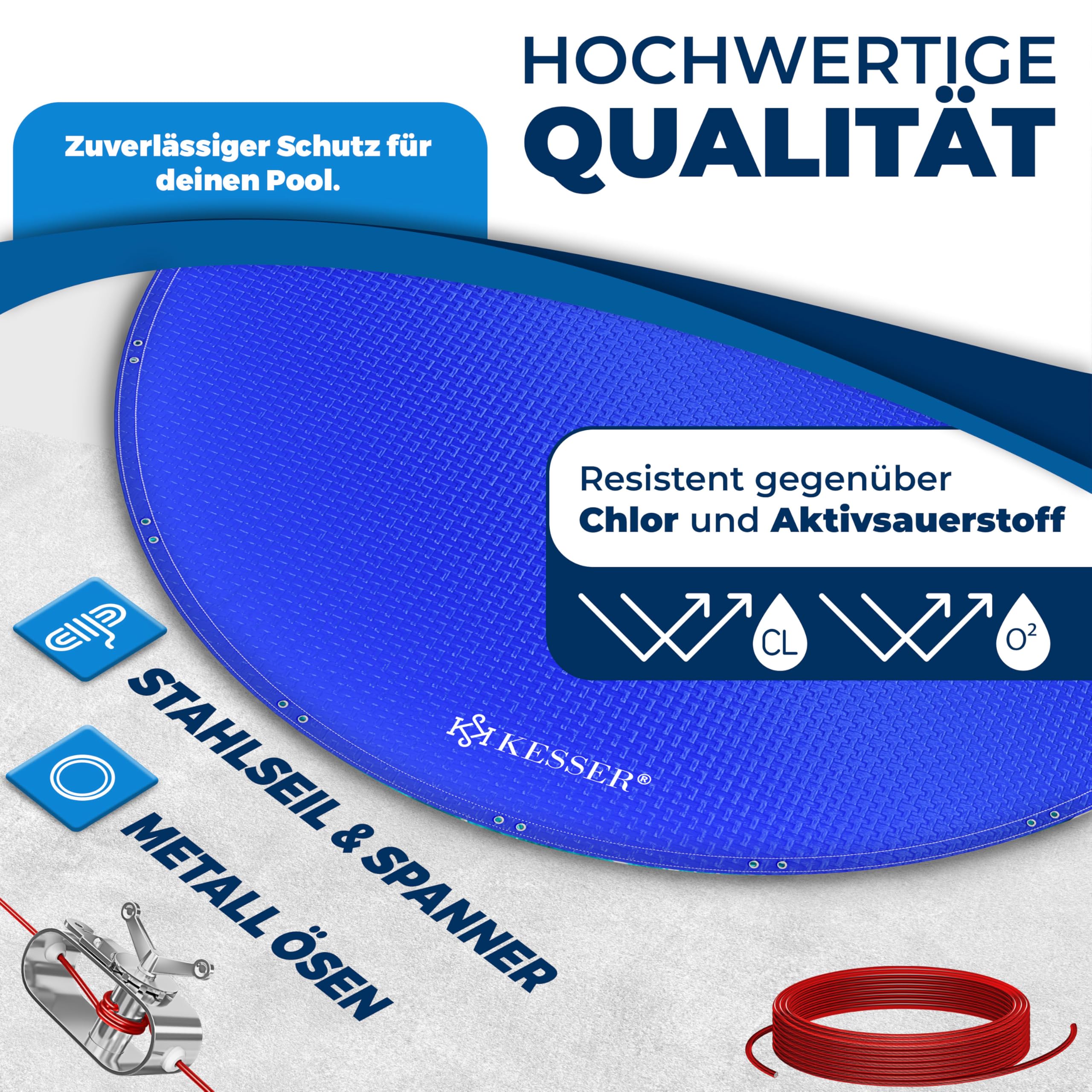 KESSER® Solar Poolabdeckung Pool Abdeckplane Rund Ø305cm Poolplane 200g/m² PE Material Inkl. Stahlseil + Seilspanner mit Ösen Solarplane Abdeckung UV-resistent, Wetterfest für Sommer & Winter 3