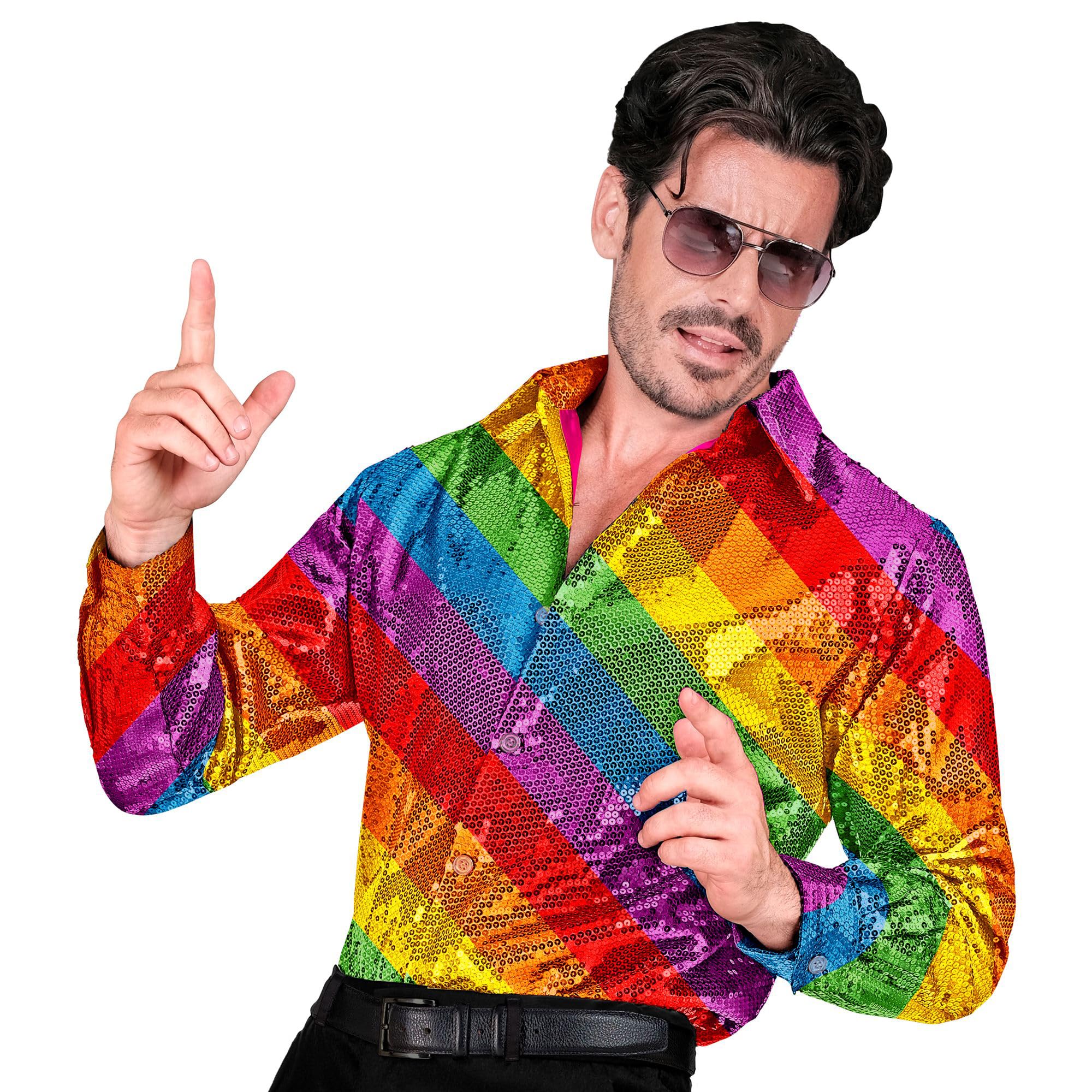 Widmann - Party Fashion Sequin Shirt Men Rainbow Disco Fever Strike Movie Men's Shirt