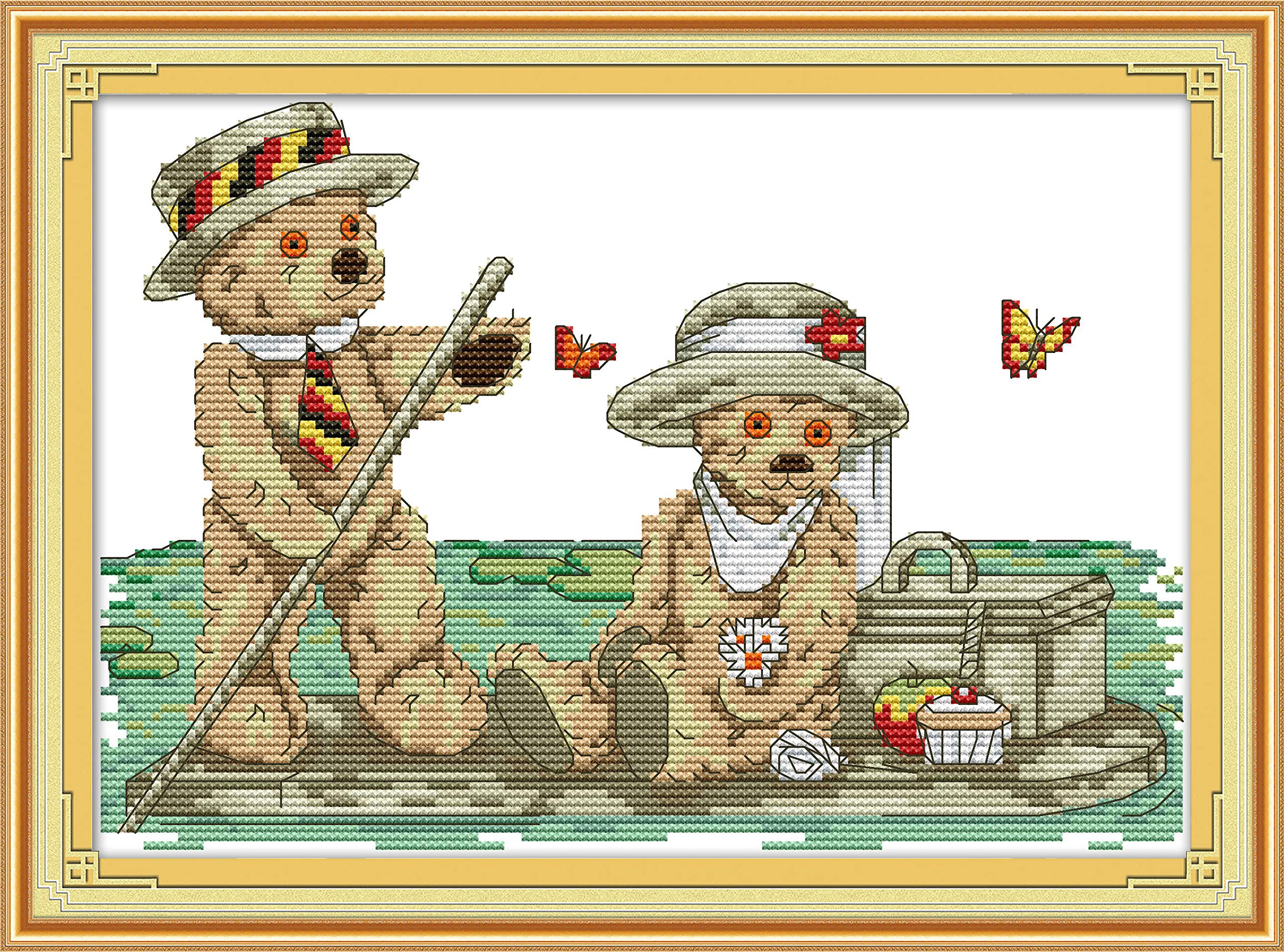 OWN4B Cross Stitch Kits Stamped, A Romantic Trip to Bear Printed Pattern 11CT 15.4x10.6 inch DIY Embroidery Kit