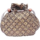 Craft Trade Women's Cotton Embroidered Potli Bag with Drawstring and Pearl Handle Pouch Golden Work Ladies Purse for Bridal
