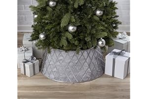 NEW TRADITIONS SIMPLIFY YOUR HOLIDAY New Traditions Silver Satin Christmas Tree Collar with Criss Cross Tinsel – 26" Diameter Fabric Stand Band for Artificial & Natural Trees – Tree Skirt Alternative, Collapsible