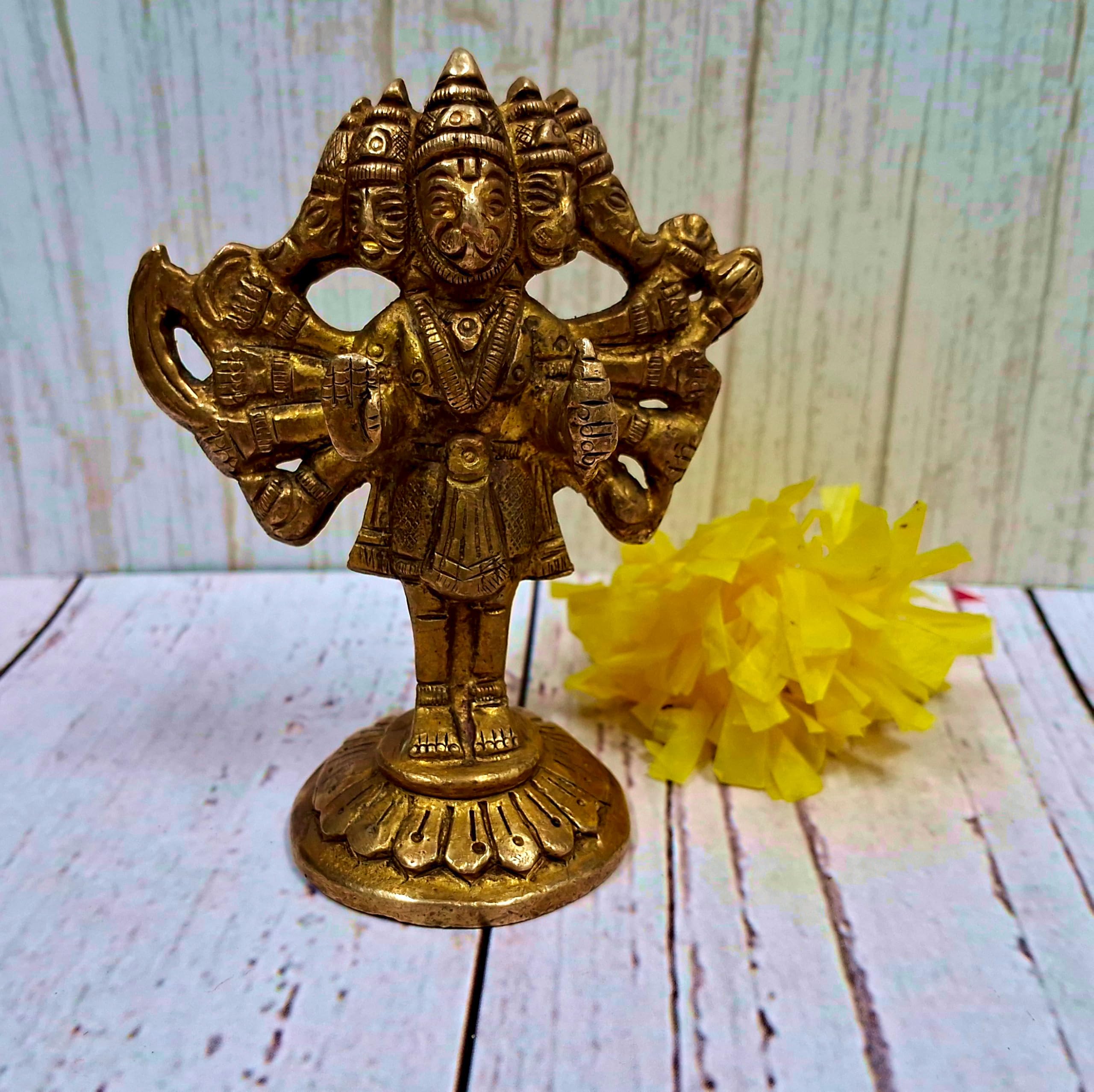Purpledip Brass Idol Lord Panchmukhi Hanuman: Bajrangbali Statue With 10 Arms Holding Different Objects (10377A)