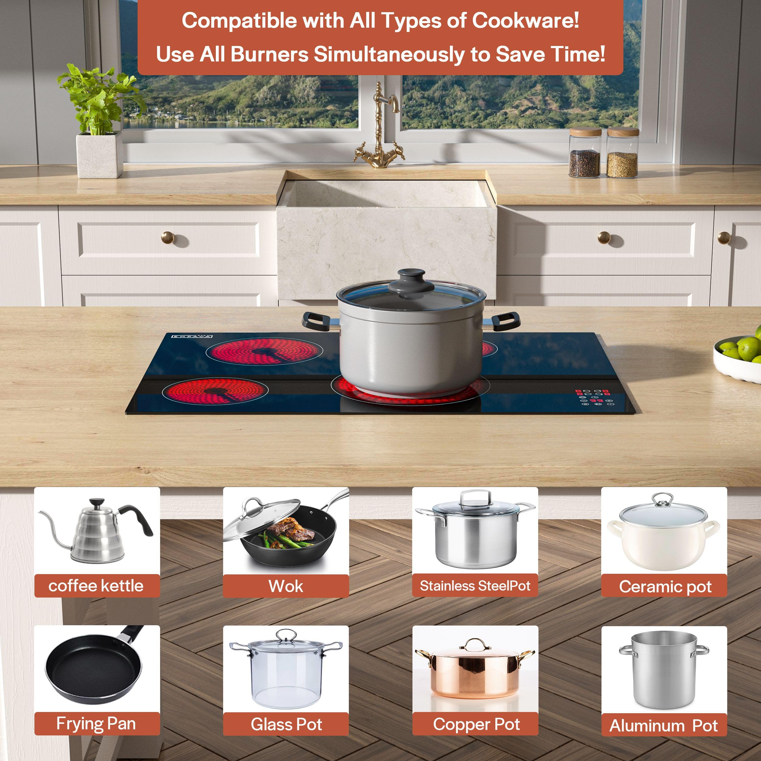 Empava Electric Cooktop, 30 inch 4 Burners, Built in Radiant Stove, Including Dual Zone Element, Ceramic Glass Smooth Surface in Black, ETL Certified, All Kinds of Cookware, 220-240V, No Plug