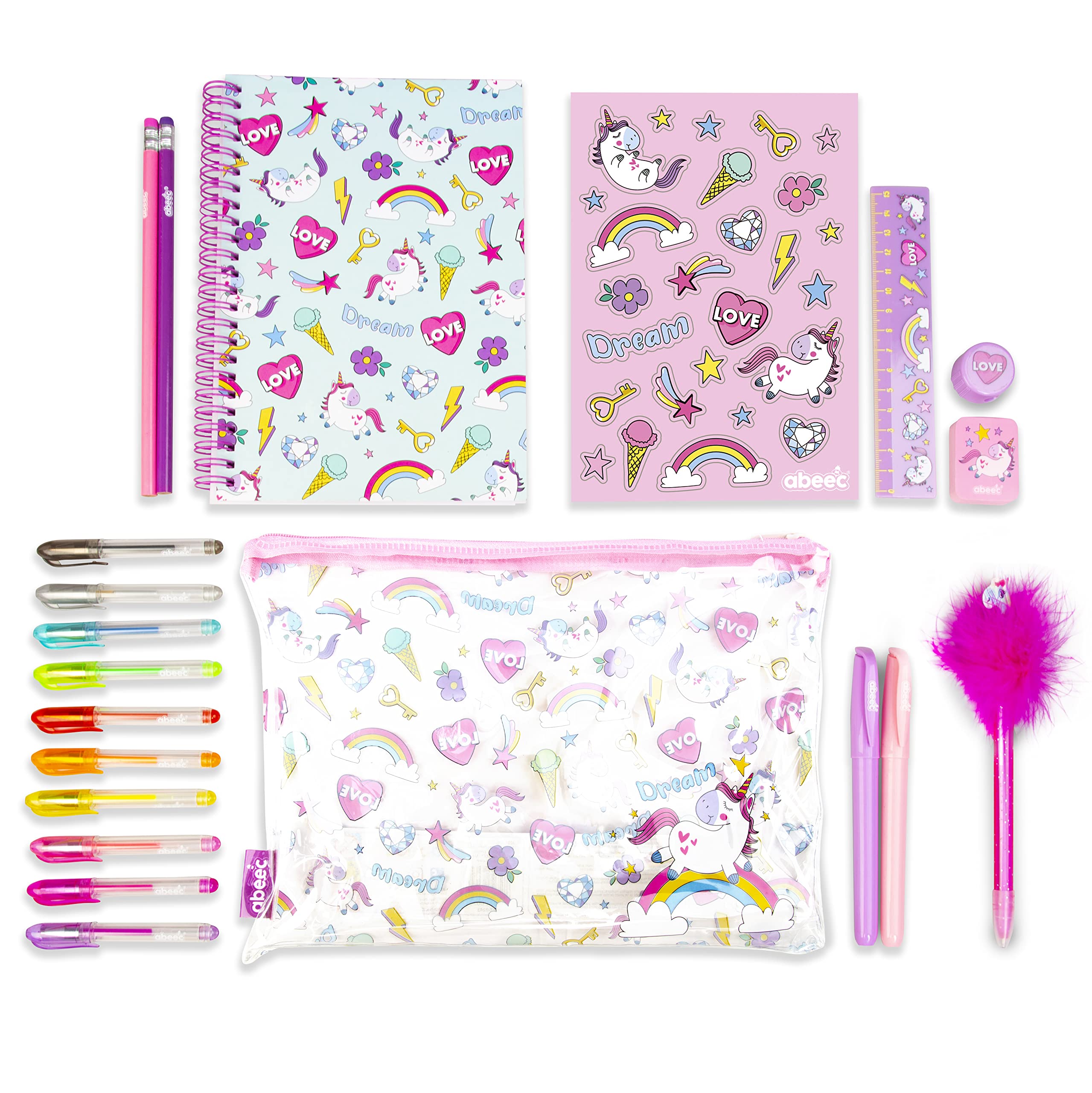 abeec Unicorn Stationery Set - A5 Notebook, Clear Pencil Case & Unicorn Gifts for Girls - Includes Pen, Gel Pens, Ruler, Pencils & Stickers