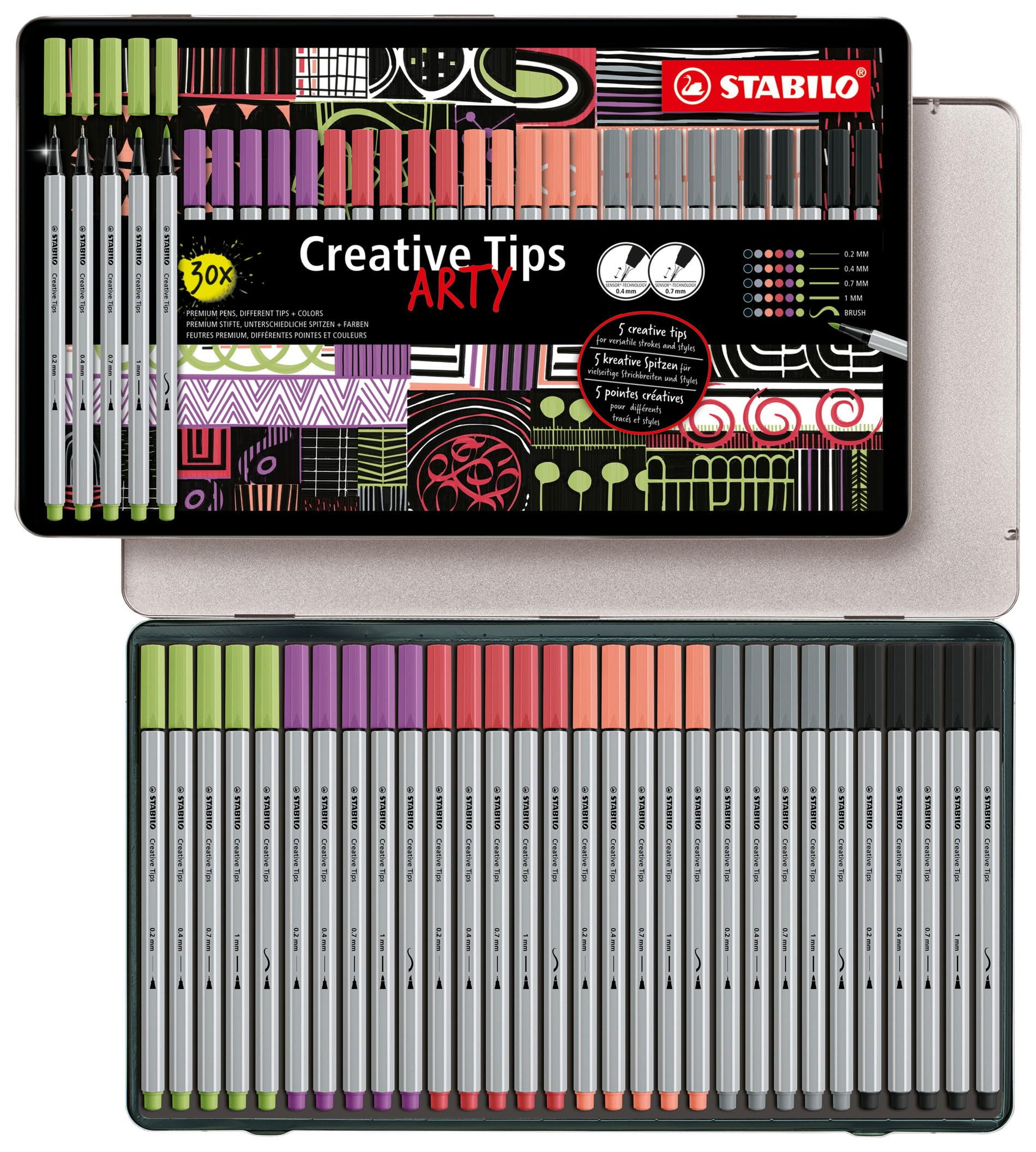 STABILO Creative Tips - Multi-Tip Pen Set - ARTY - Tin of 30 - PASTEL - Assorted Colours