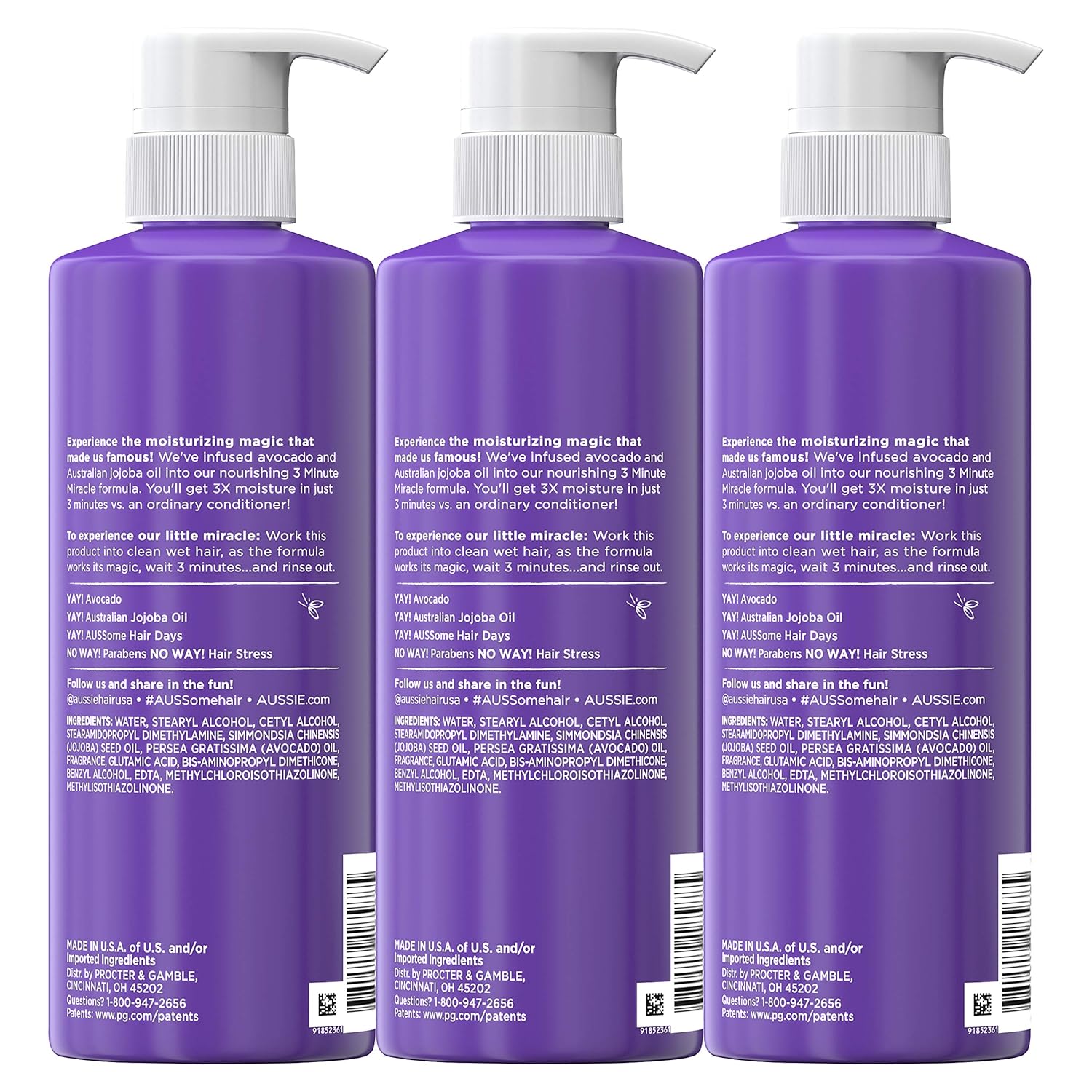 Aussie Deep Conditioner, with Avocado. Paraben Free, 3 Minute Miracle Moist, For Dry Hair, 16 Fl Oz, Triple Pack: Beauty