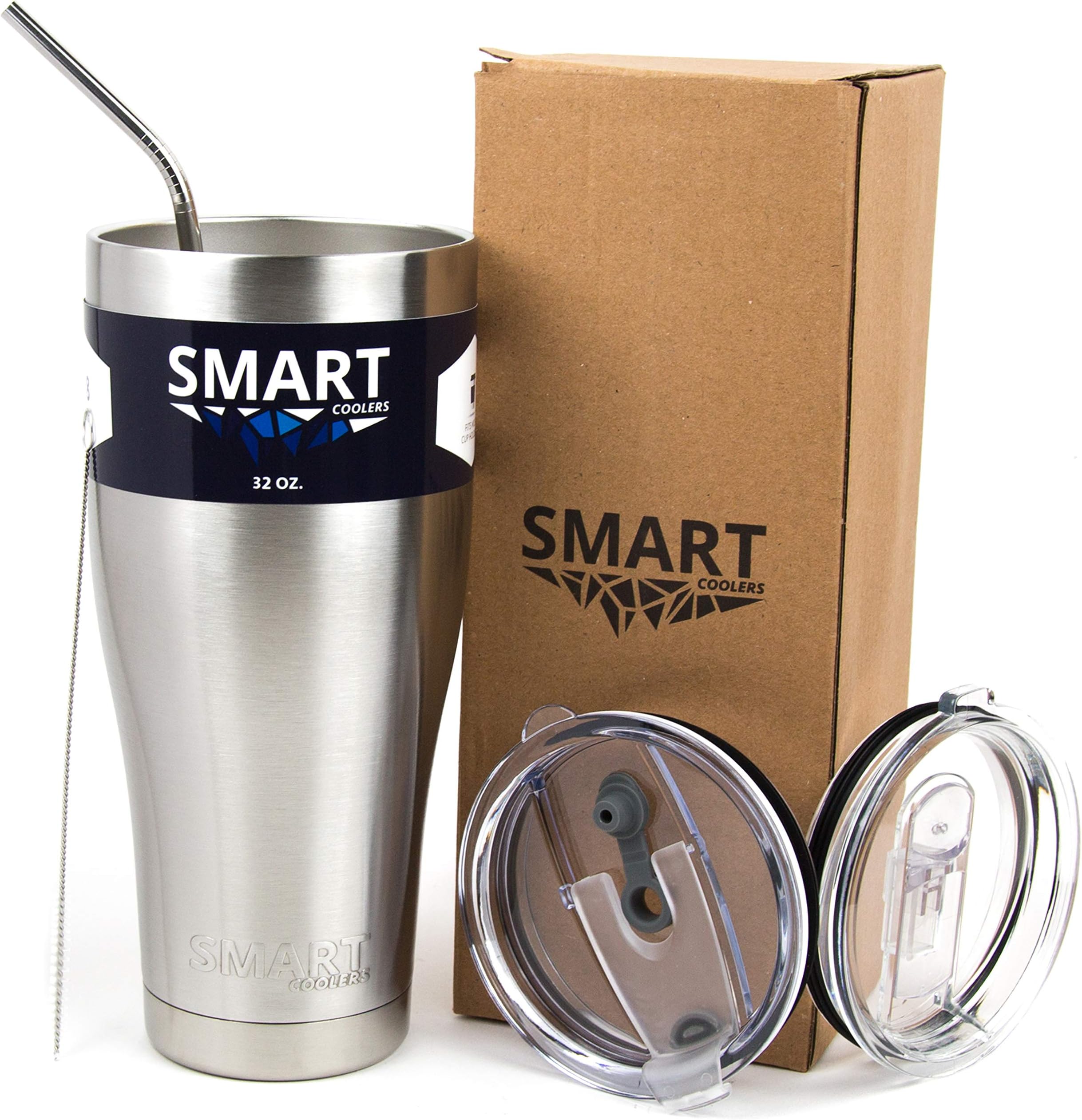 Smart Cooler 32 Oz. Sweat Free Ultra-Tough Double Wall Stainless Steel Tumbler Cup with Leak-proof Heavy Duty Tumbler Lids (Slide Lid & Flip Lid), Straw, Cleaning Brush - Stainless Steel