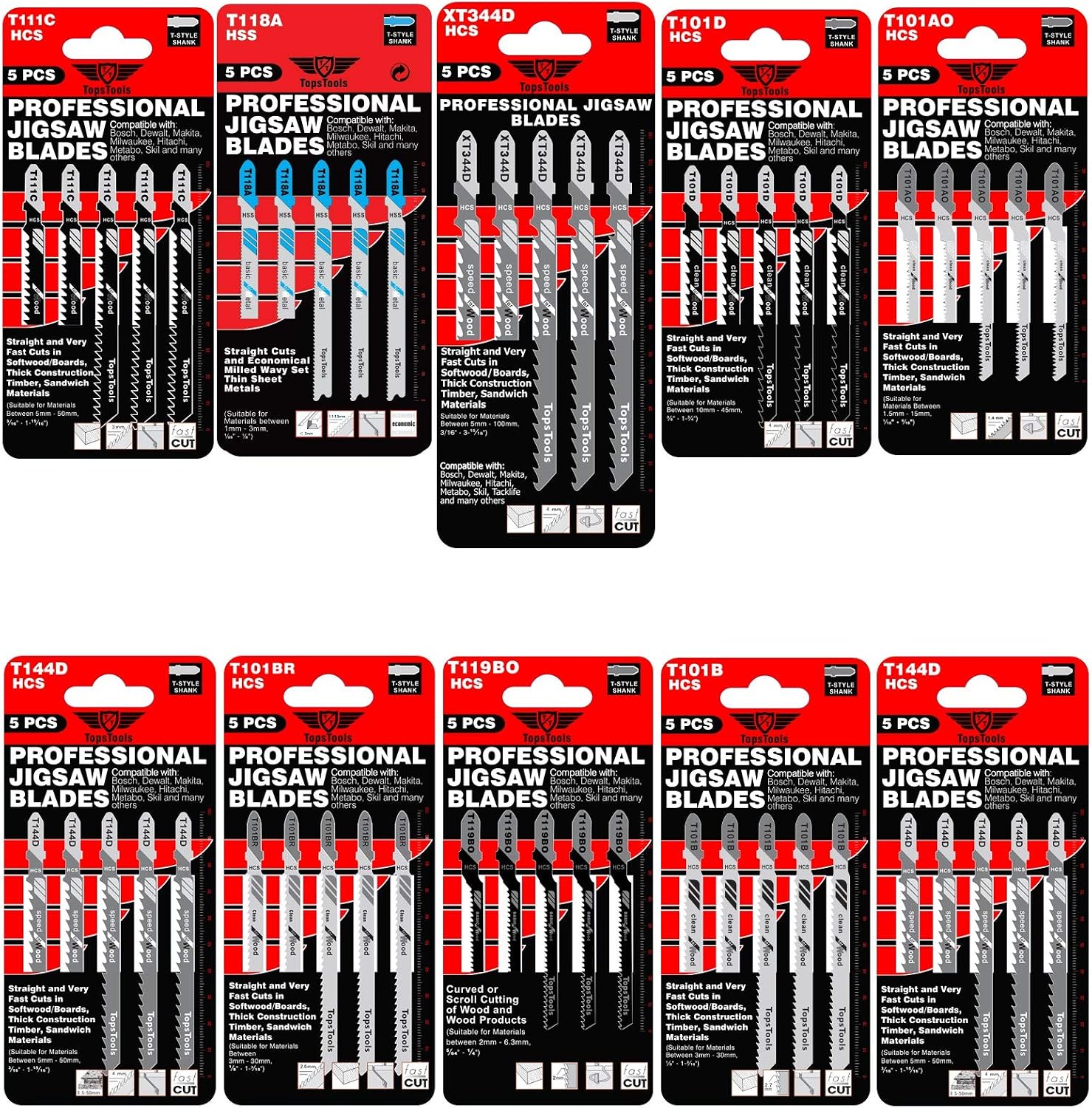 50 x TopsTools JSTTXK10 T101AO T101B T101BR T101D T111C T118A T119BO T144D XT344D Mixed Jigsaw Blades, Black