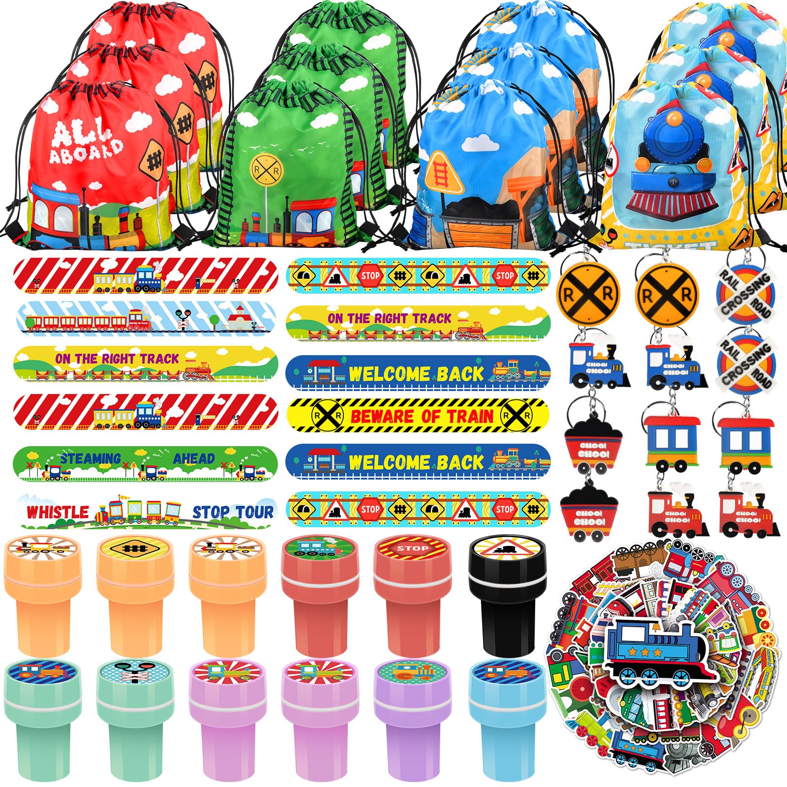 Photo 1 of 98 Pcs Train Party Favors,Train Print Party Supplies Include Stickers Stamps Keychains Slap Bracelets and Drawstring Bags Party Decorations for Kids TrainTheme Birthday supplies (A-Train)