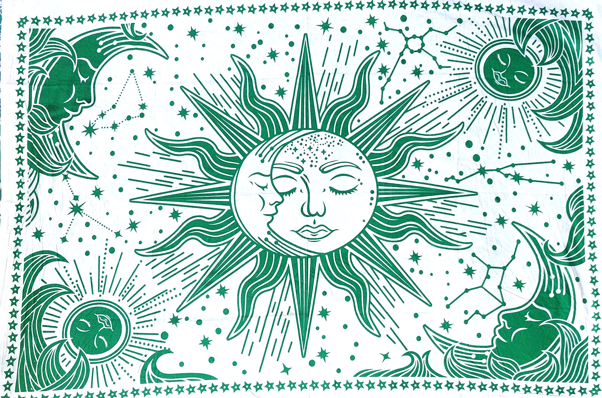ICC Sun and Moon Tapestry Wall Sheet Hanging Room Decor Bedroom Aesthetic Tapestries Mystic Art Ceiling Blanket Home Living Psychedelic Mystical Star White Green Tapestry 30 X 40 Inches