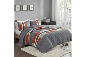 Comfort Spaces Quilt Set Trendy Casual Fun, Vibrant Color Design, Hypoallergenic All Season, Lightweight Coverlet Bedspread Cozy Kids Bedding & Sham Twin/Twin XL Pierre Grey Orange Stripe 2 Piece