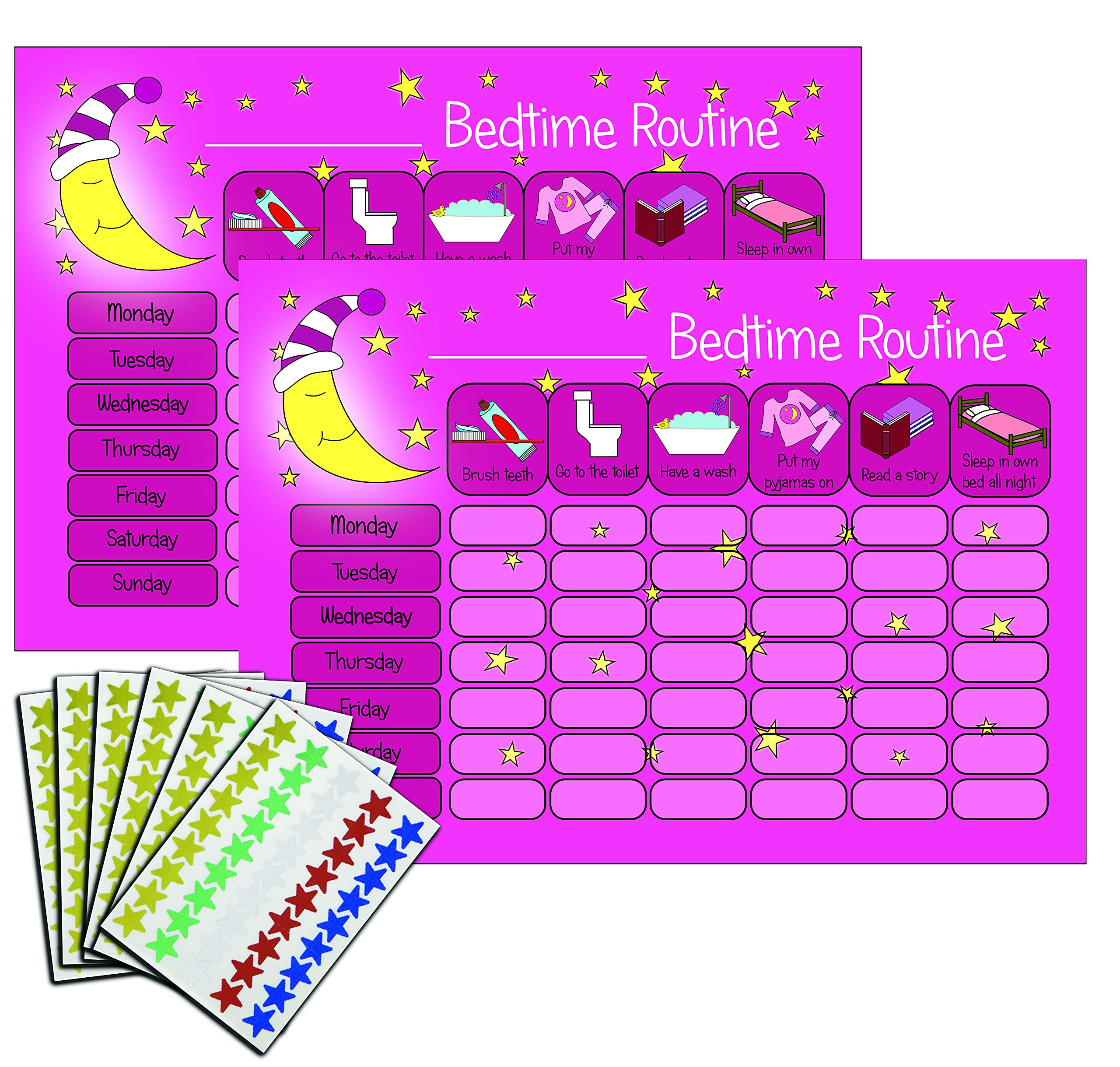kids2learn Children's Bedtime Routine Chart Reward Chart for Sleep Training Twin Pack (2 x PINK) for boys girls toddlers With 270 Star Reward Stickers Included