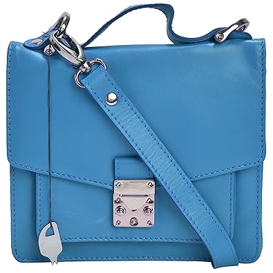 MANDAVA Genuine Leather Womens Mini Side Bag Satchel Sling Shoulder Bag Ladies Handbag (Sky Blue)