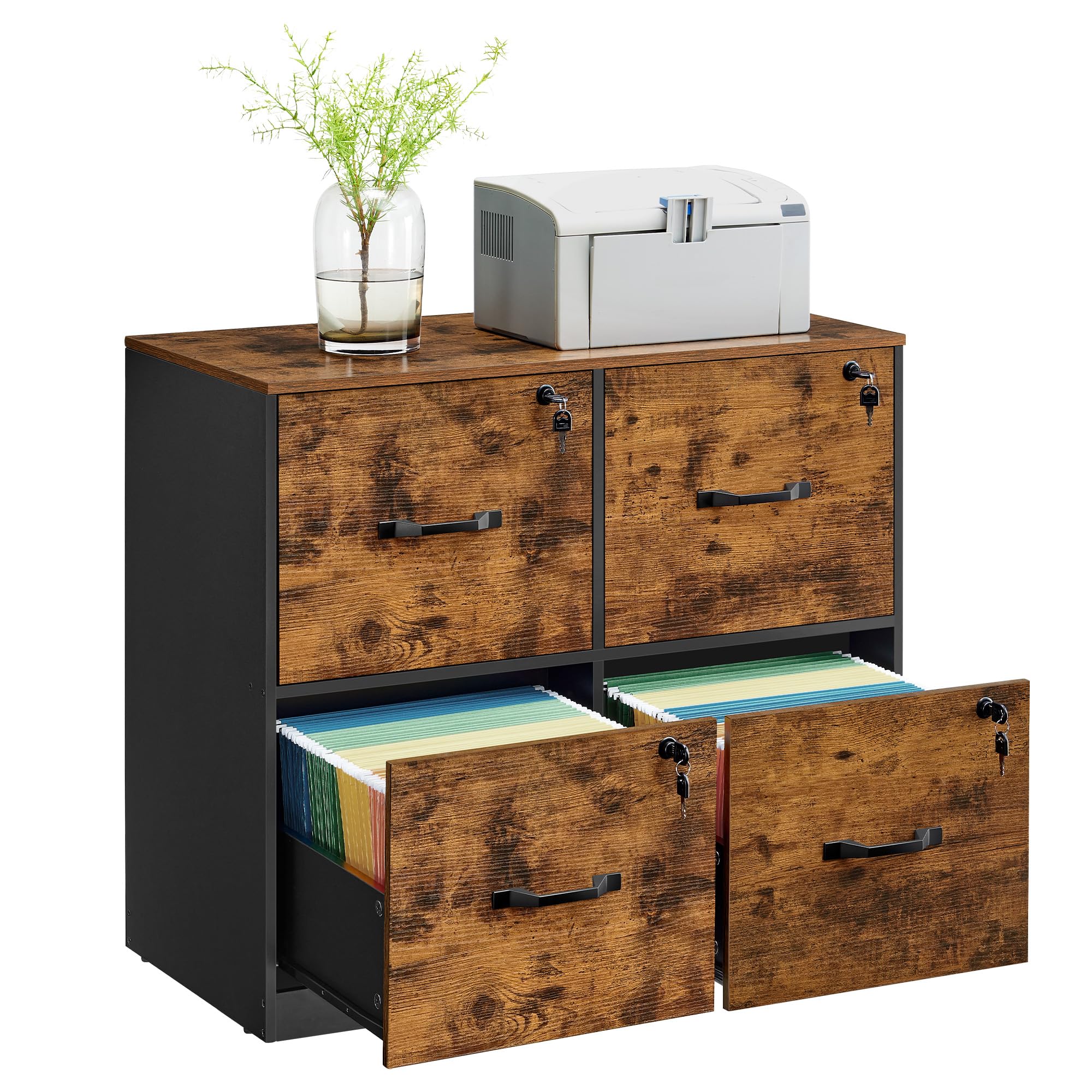 Photo 1 of VASAGLE 4 Drawer File Cabinet with Lock, Printer Stand, Office Filing Cabinet Organizer, for A4 and Letter Size Documents, Rustic Brown and Black UOFC062B01