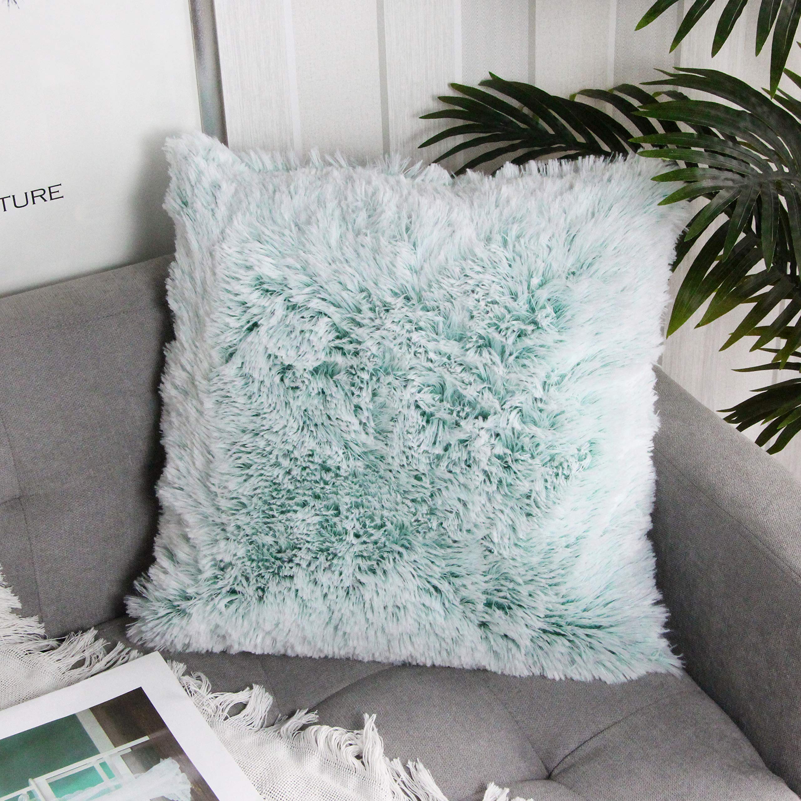 Photo 1 of Uhomy Fluffy Accent Pillows Cover 18"x18", Soft Green Ombre Faux Fur Throw Pillow Case, Modern Luxury Decorative Square Cushion Cover for Farmhouse Home Decor for Sofa/Bed/Chair, 45x45cm Single