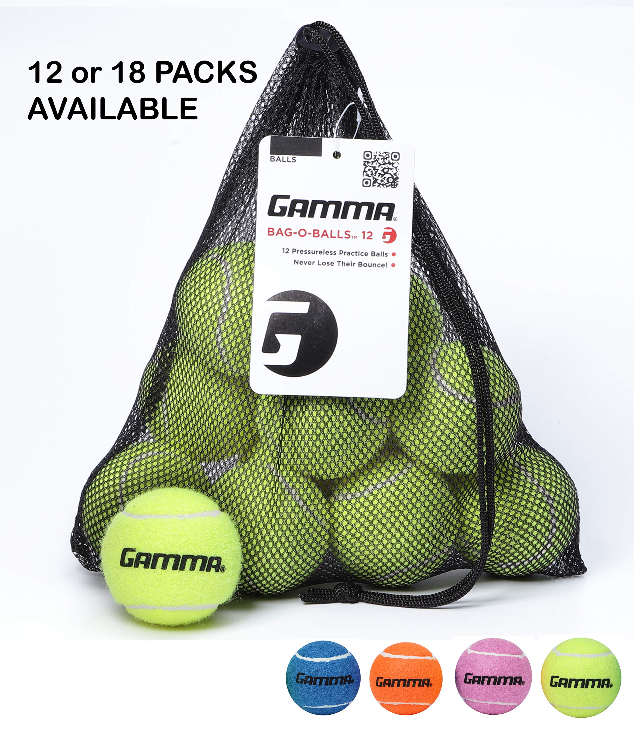 Gamma Bag of Pressureless Tennis Balls 12 or 18 Count, 4 Colors