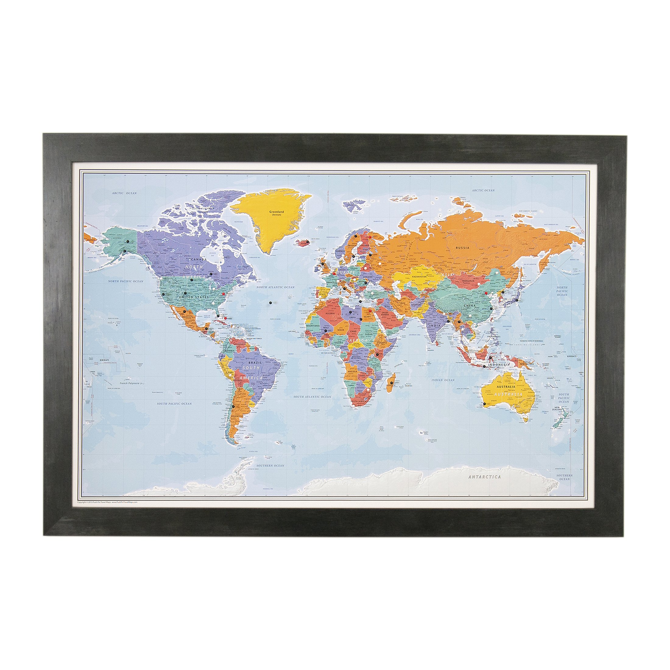 Push Pin World Travel Map with Rustic Black Frame and Pins - Blue Oceans - 27.5 inches x 39.5 inches