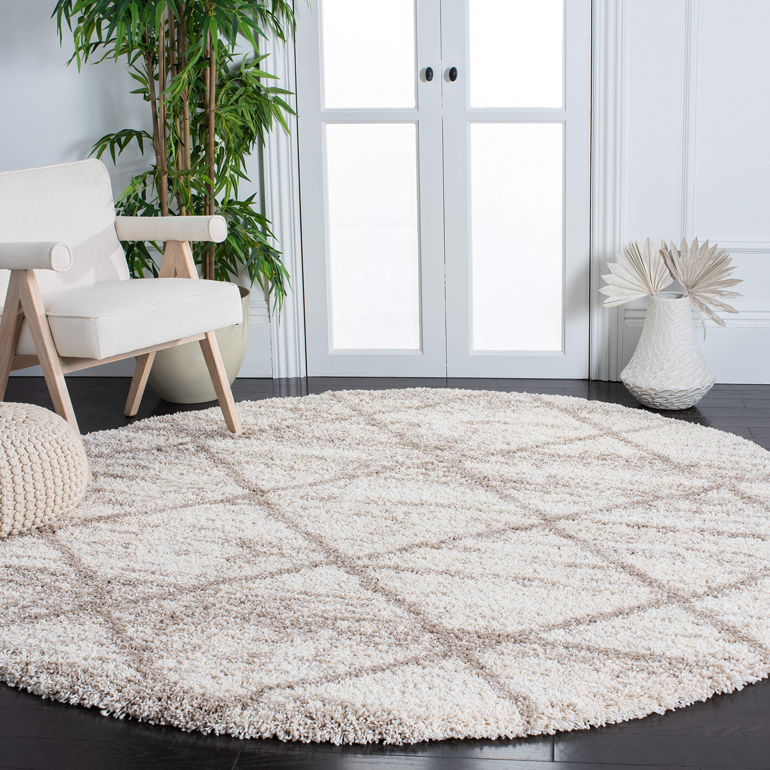 SAFAVIEH Hudson Shag Collection Area Rug - 8' Round, Multi Ivory & Beige, Modern Trellis Design, Non-Shedding & Easy Care, 2-inch Thick Ideal for High Traffic Areas in Living Room, Bedroom (SGH281H) Image