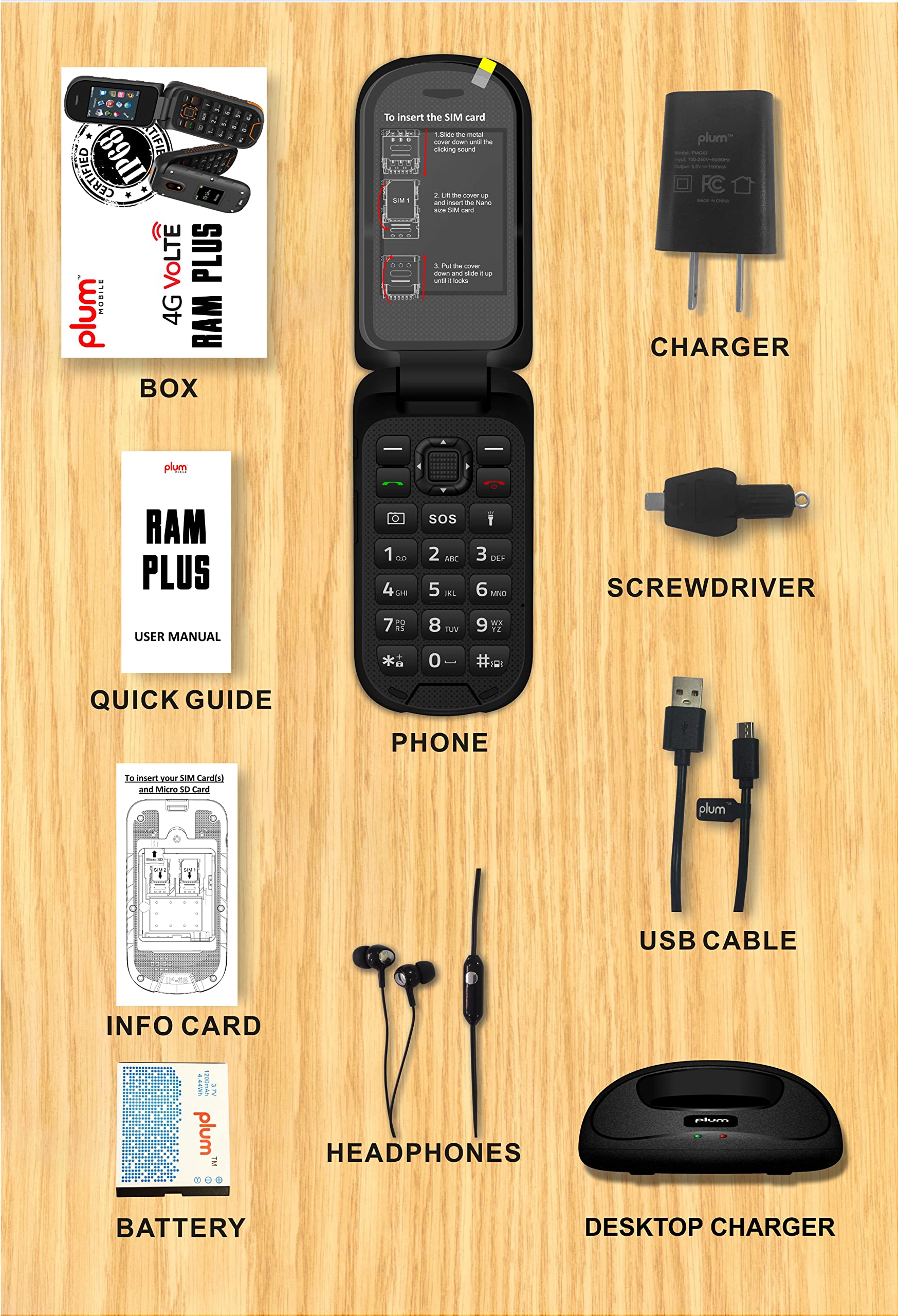 Plum RAM Plus 4G Volte Rugged Flip Phone, IP68 Shock Proof T-Mobile – Black