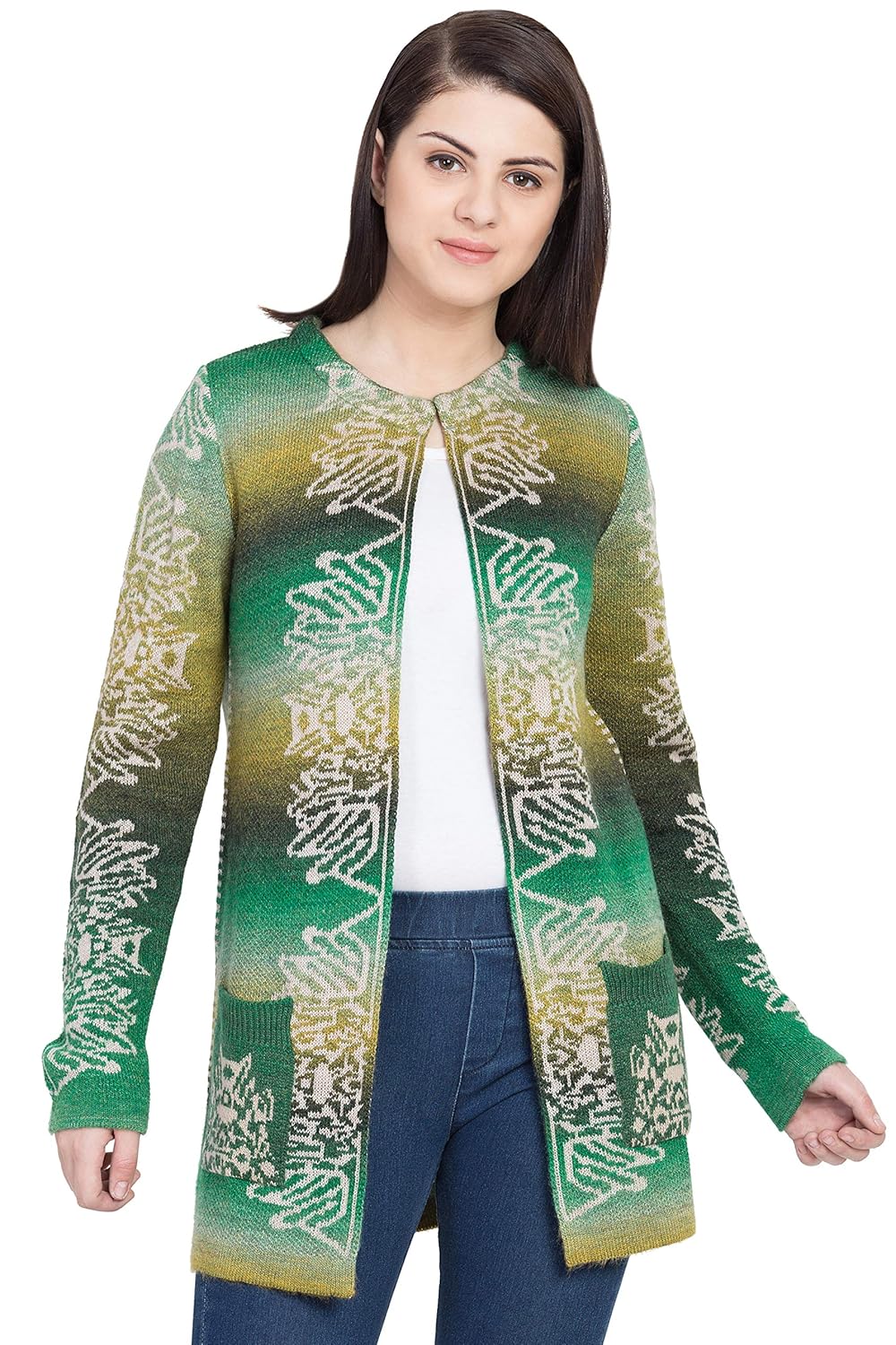 boxymoxy jacquard designer green multi color long cardigan sweater with hook and pockets