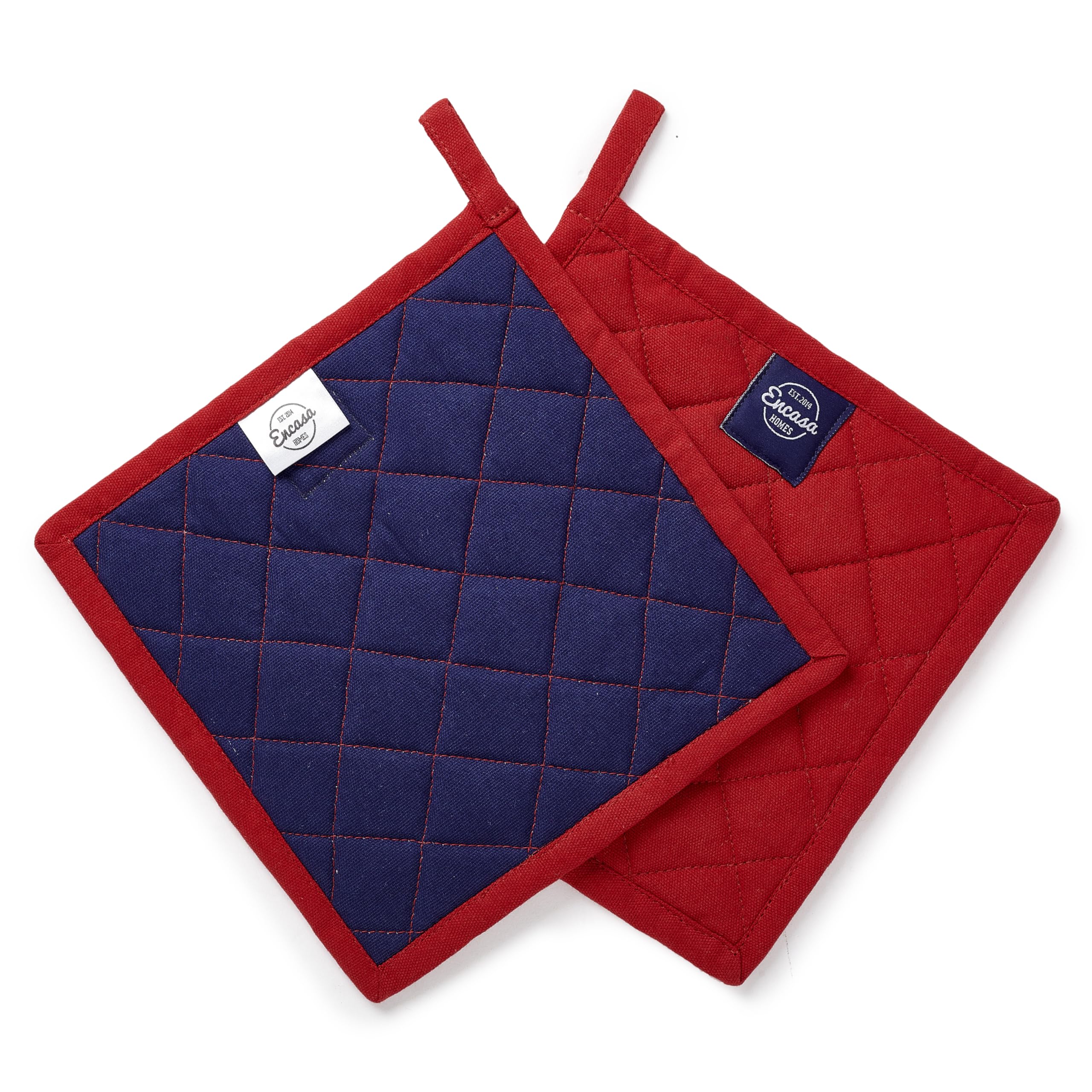 Encasa XO Heat Resistant Cotton Pot Holders With Hanging Loop - Set Of 2 - Red - Multipurpose Quilted Everyday Hot Pad For Kitchen, Camping, BBQ & Microwave - 21 cm — image 1