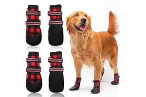 FLYSTAR Dog Shoes for Medium Large Dogs, Waterproof Rain Snow Non-Slip Dog Boots for Winter, Plaid Reflective Adjustable Warm Dog Shoes Paw Protector for Walking Running Hiking Outdoor