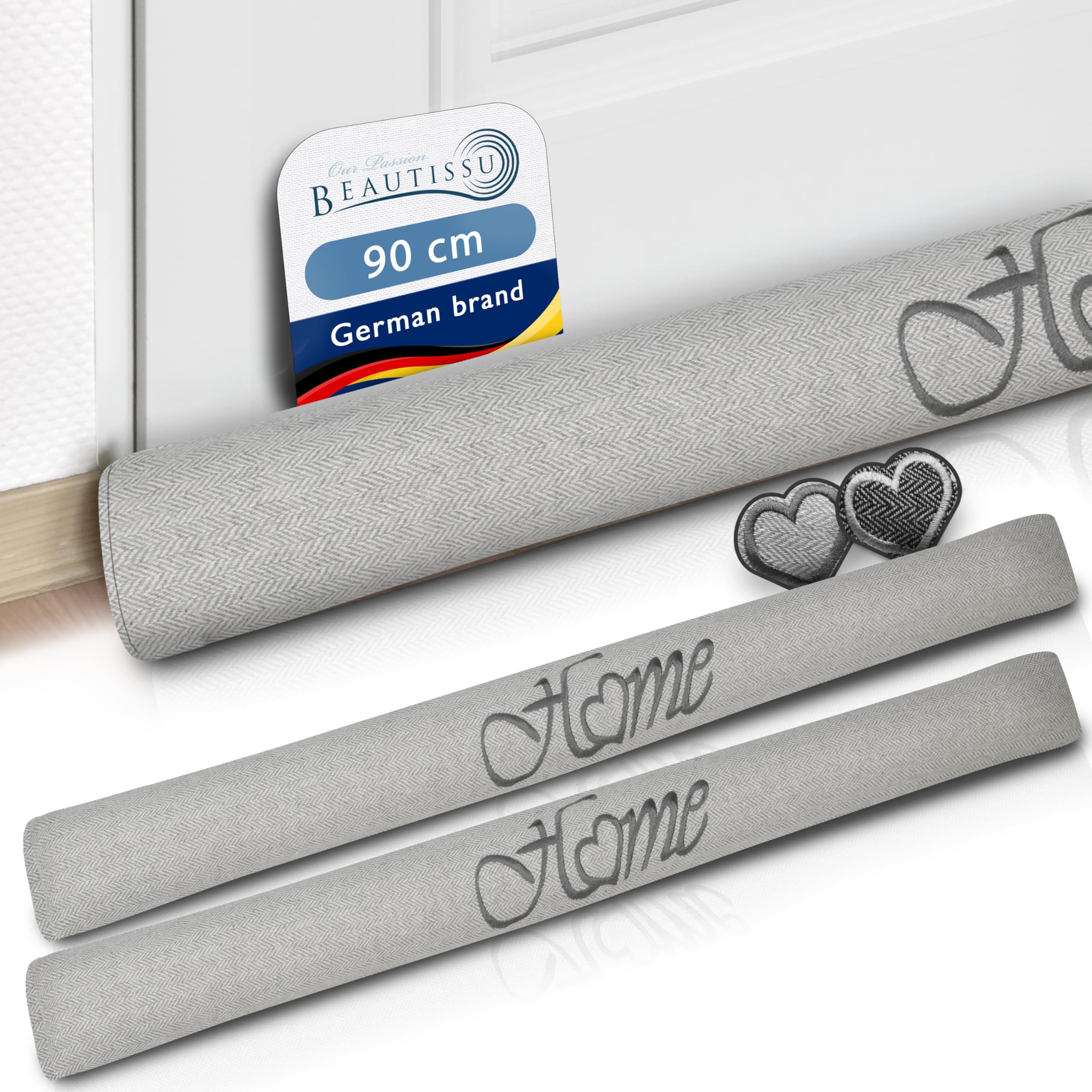 Beautissu 2x Draught Excluder for Doors 90 cm Tuuli HO - 1kg Heavy Door Pillow Draft Wind Stopper for Windows - Long Weighted Draft Excluder Cushion Home Door Sausage in Grey