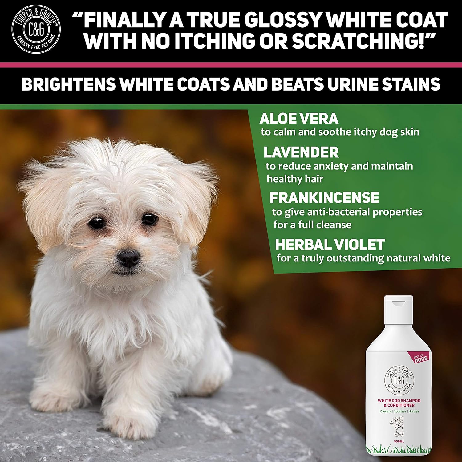 White Dog Shampoo Conditioner 500ml with Herbal Violet for Urine Stain Removal and Itchy Sensitive Skin - Medicated Puppy Safe - Image 3